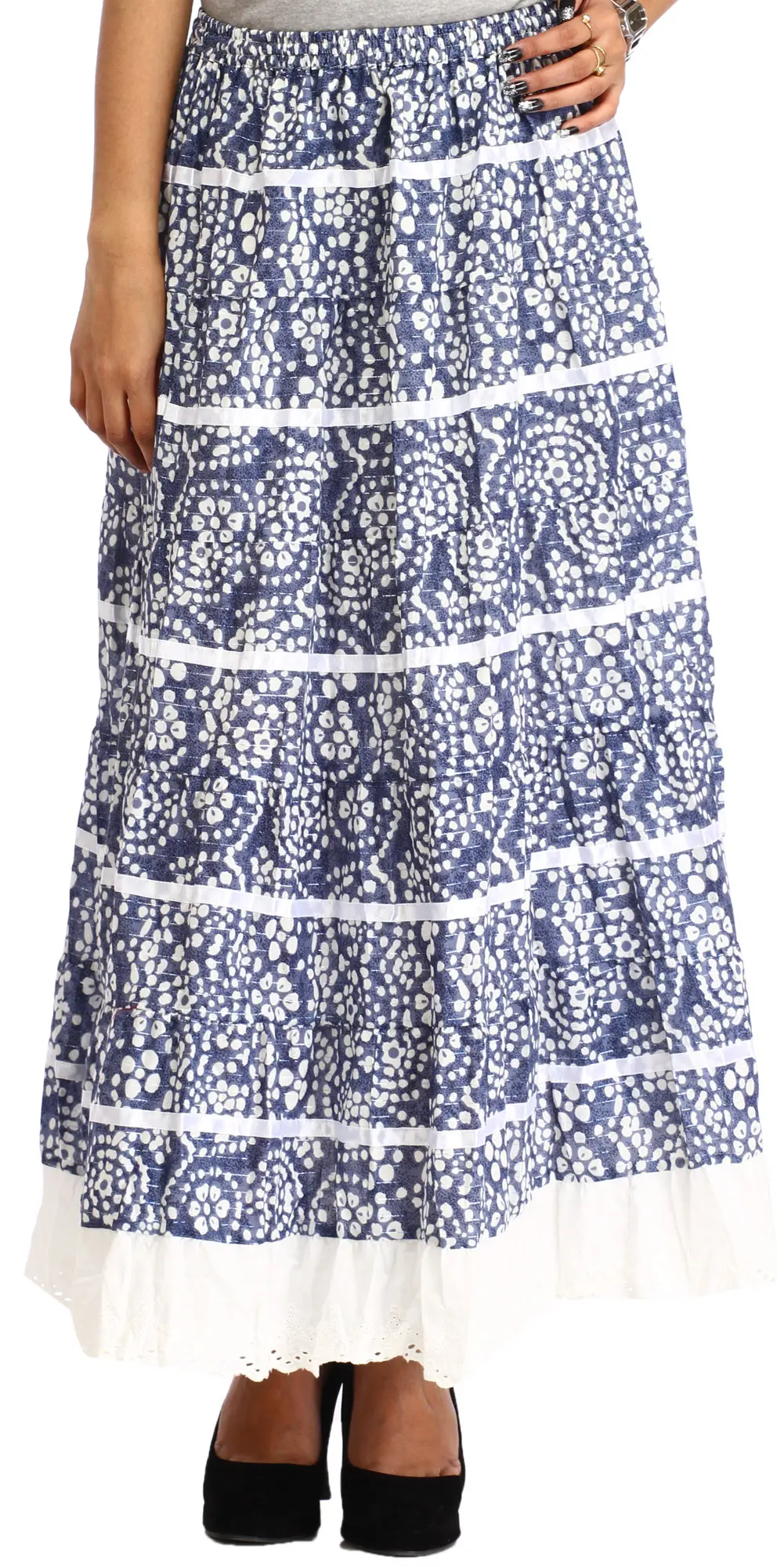 Moonlight-Blue Long Elastic Skirt with Floral Print and Cut-work on Border