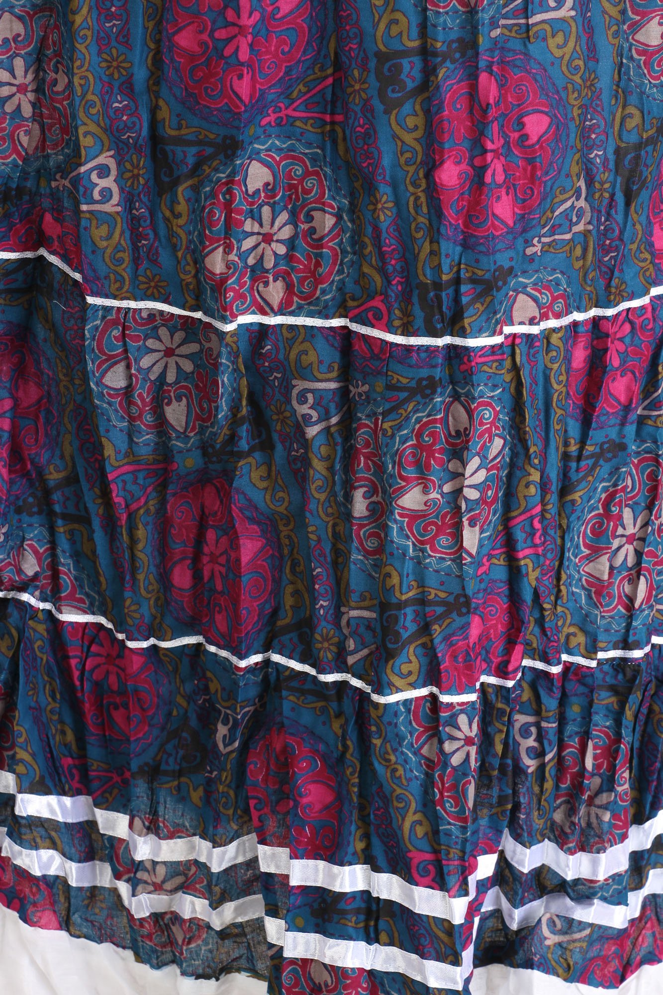 Blue and Purple Long Skirt with Floral-Print and Ribbons | Exotic India Art