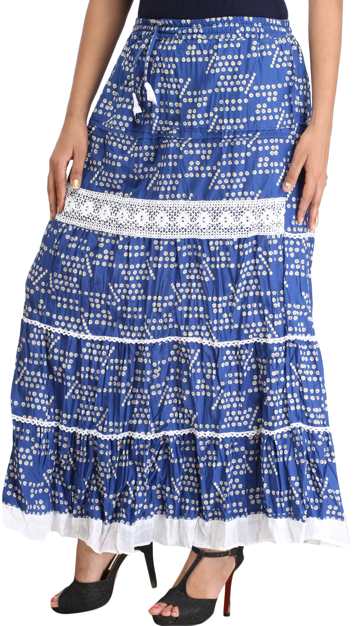 Nautical-Blue Long Skirt with Printed Bootis and Crochet | Exotic India Art