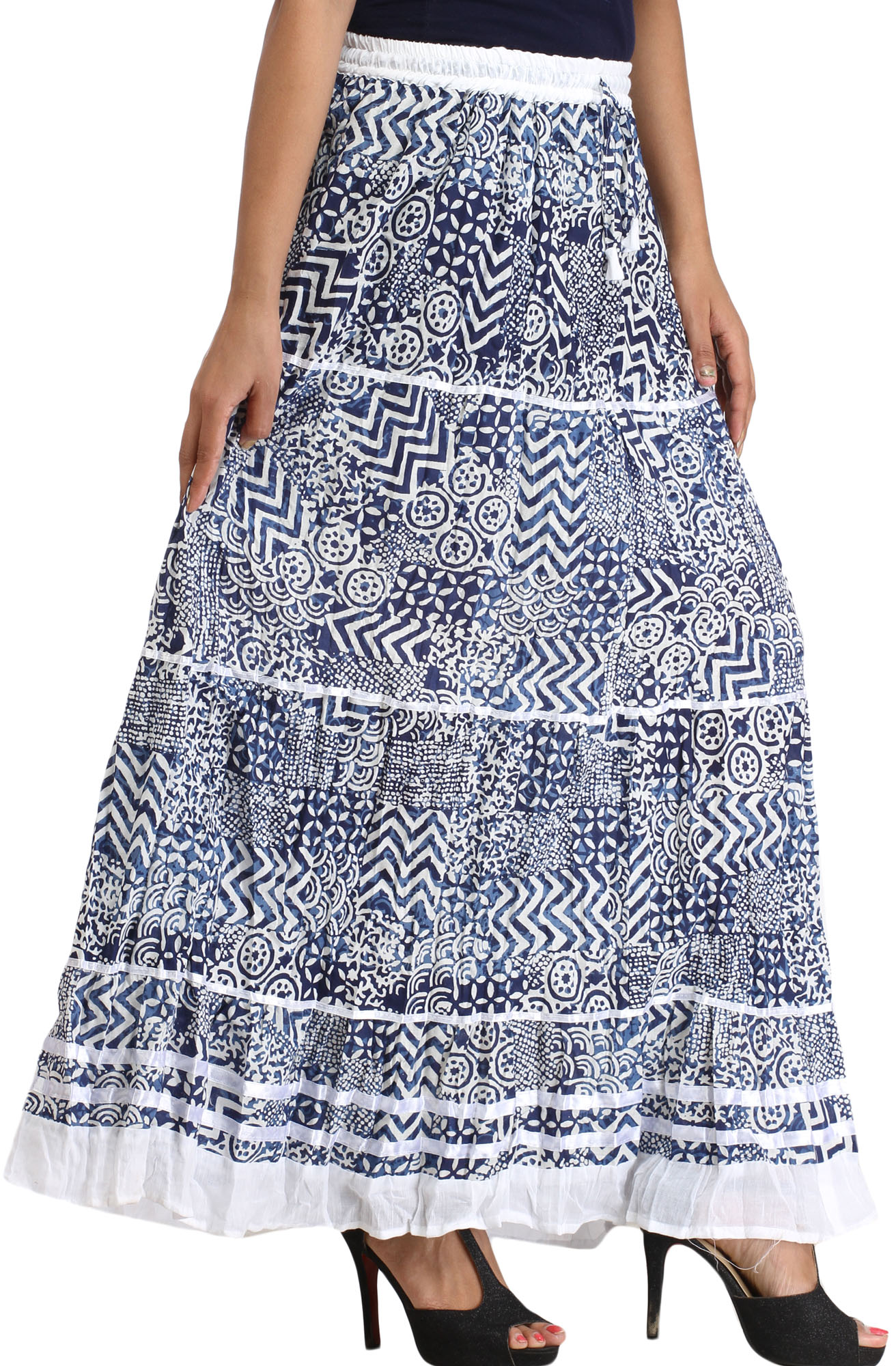 Blue and White Block-Printed Long Skirt with Ribbons | Exotic India Art