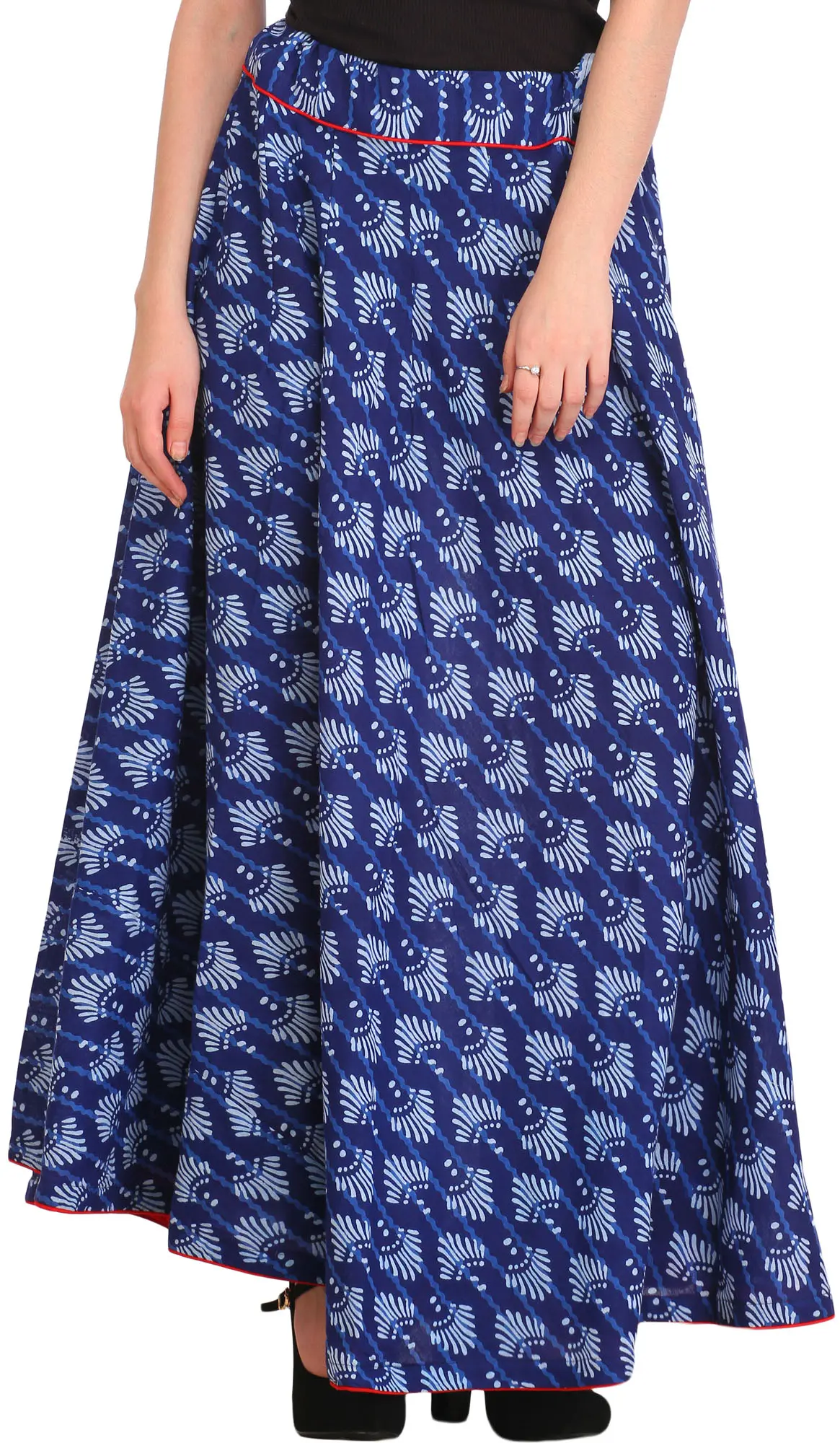 Limoges-Blue Block Printed Long Ghagra Skirt with Piping-work