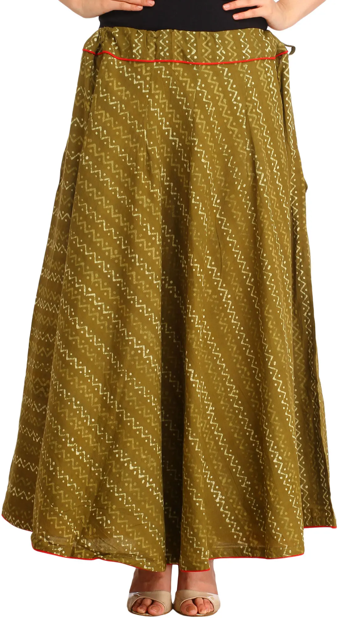 Gothic-Olive Long Skirt with Bagdoo-Printed Zigzag Stripes and Piping