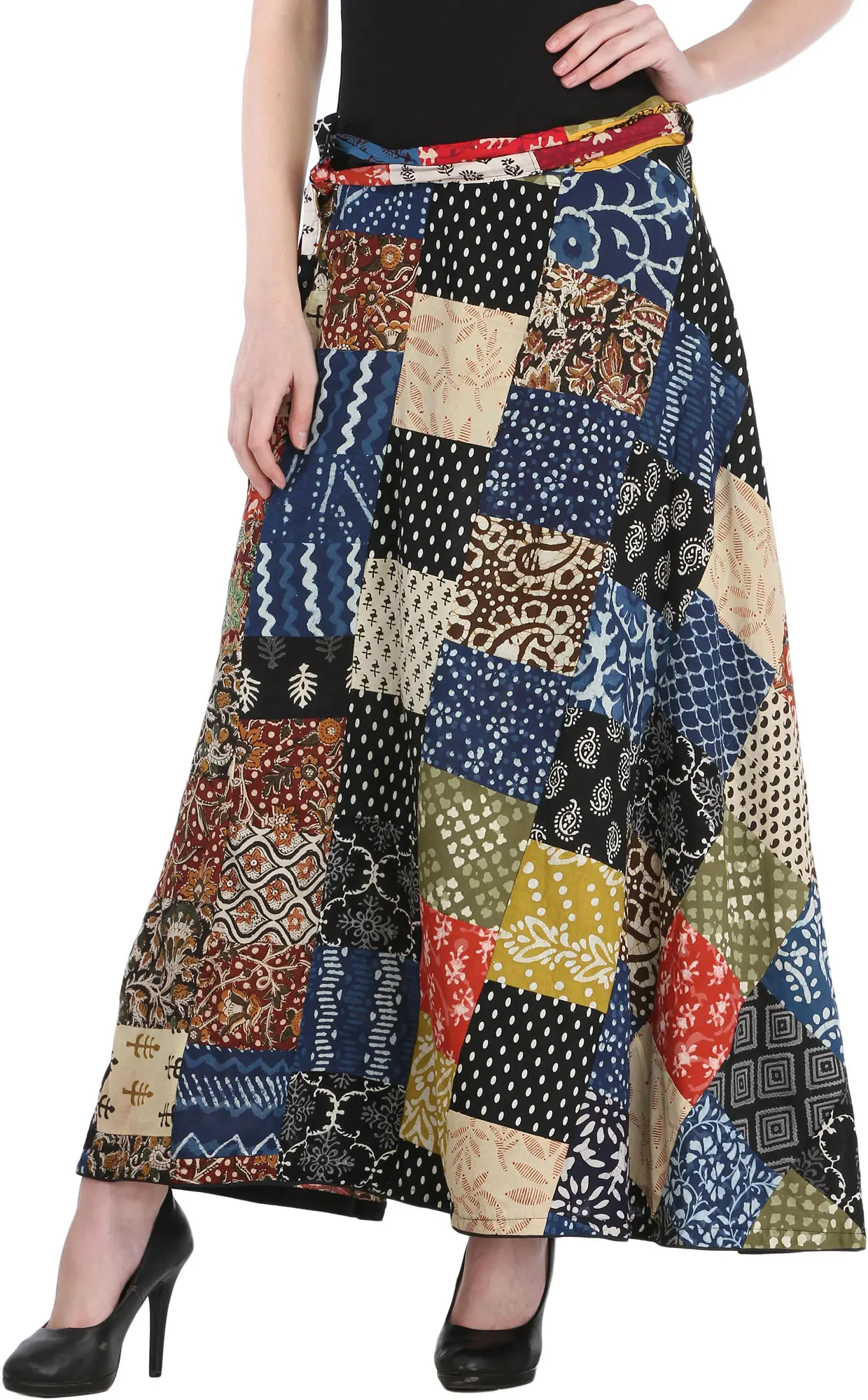 Wrap-Around Casual Long Skirt with Printed Patch-work