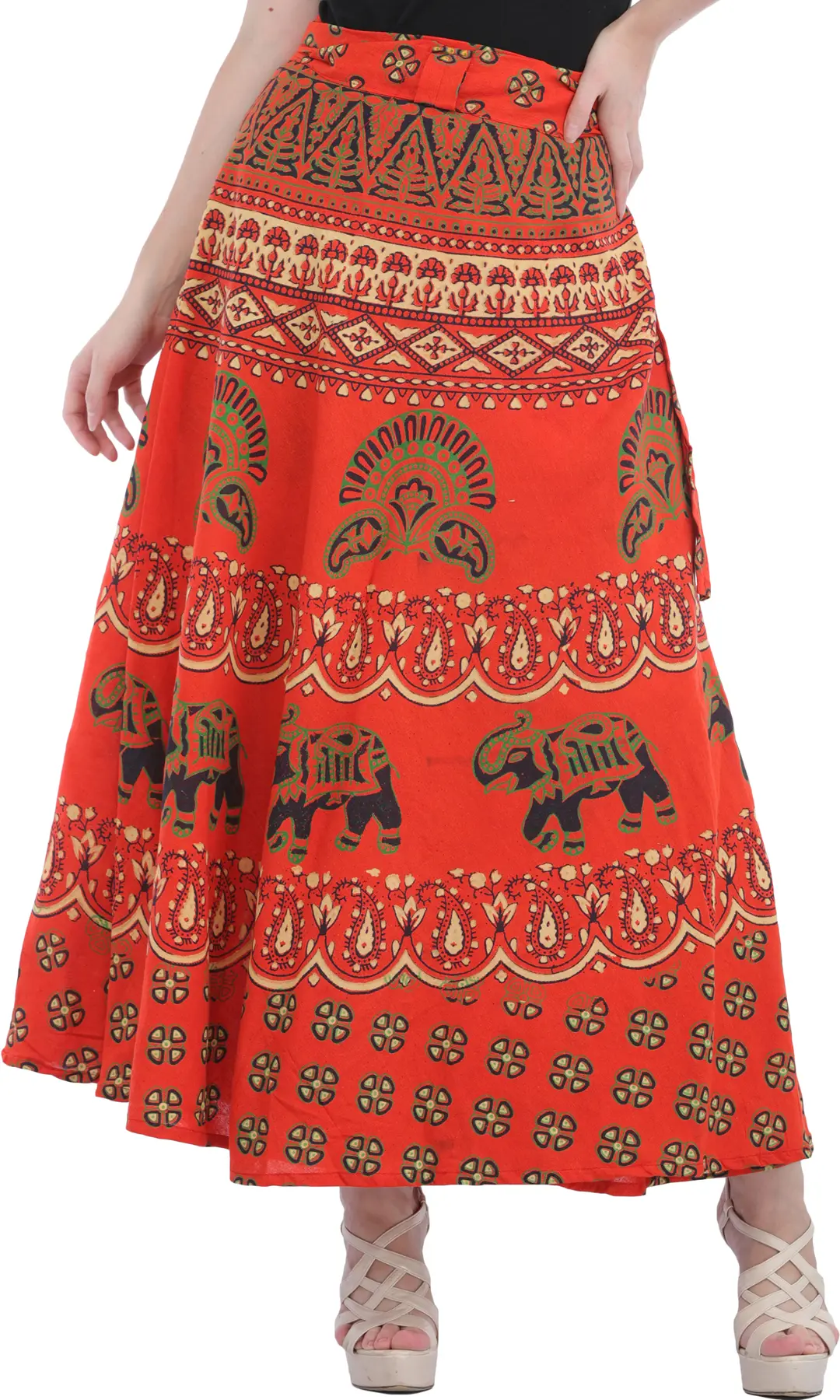 Wrap-Around Long Skirt from Pilkhuwa with Printed Paisleys and Elephants