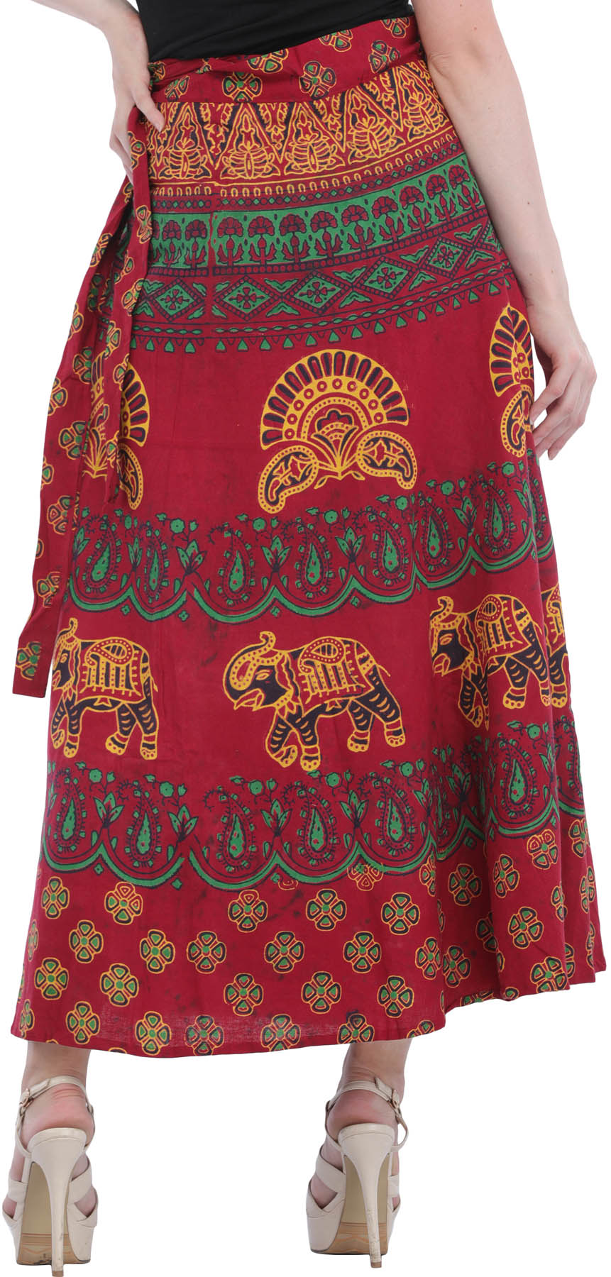 Wrap-Around Long Skirt from Pilkhuwa with Printed Paisleys and Elephants