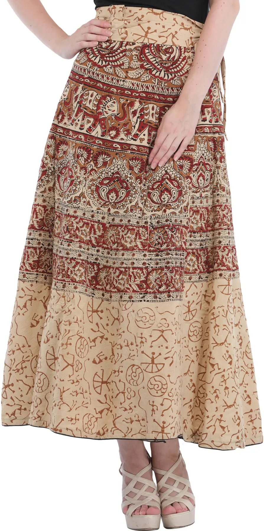 Antique-White Block-Printed Wrap-Around Maxi Skirt with Piping on Hem