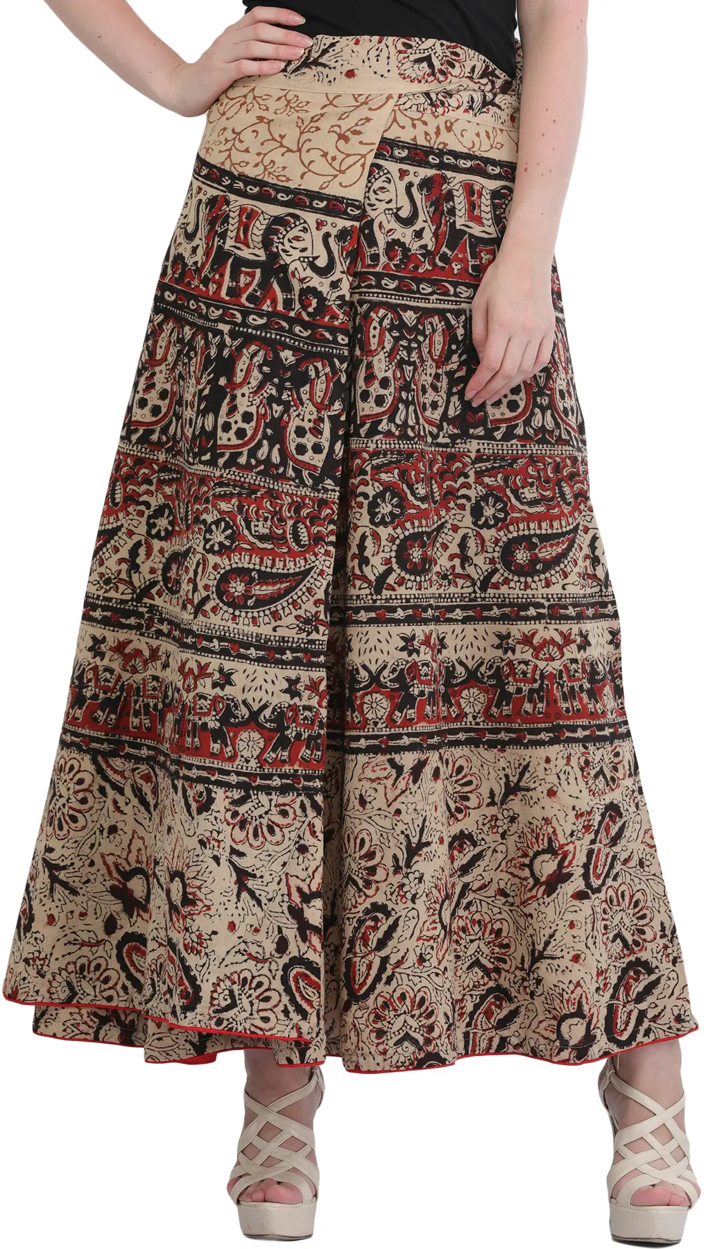 Shifting-Sand Wrap-Around Printed Long Skirt from Pilkhuwa with Piping