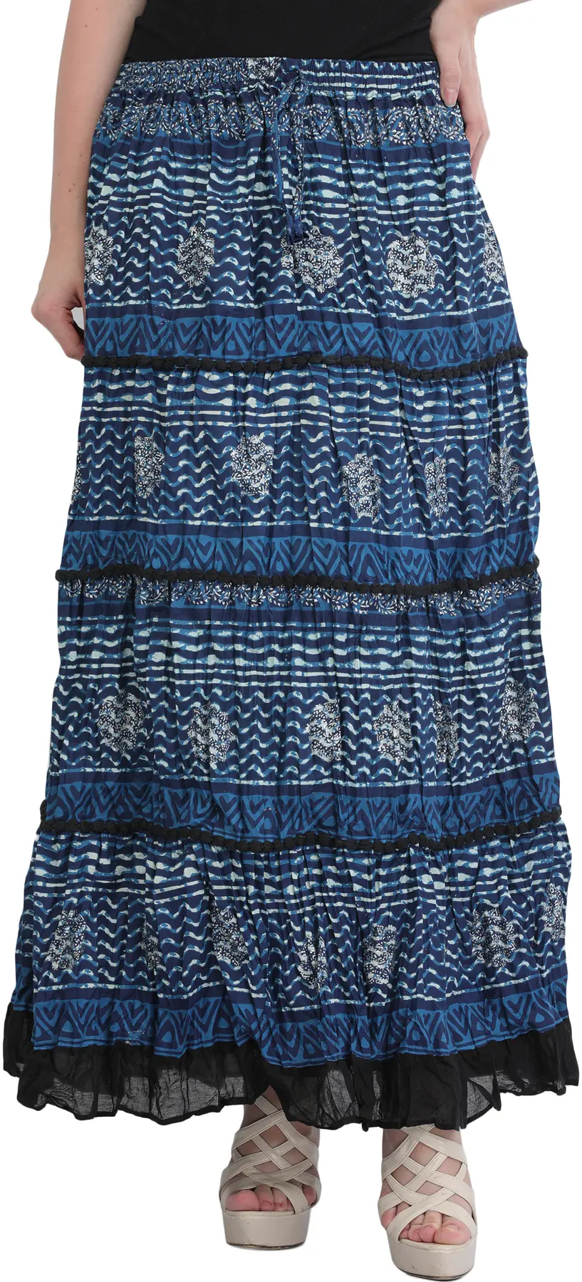 Elastic Long Skirt with Printed Stripes