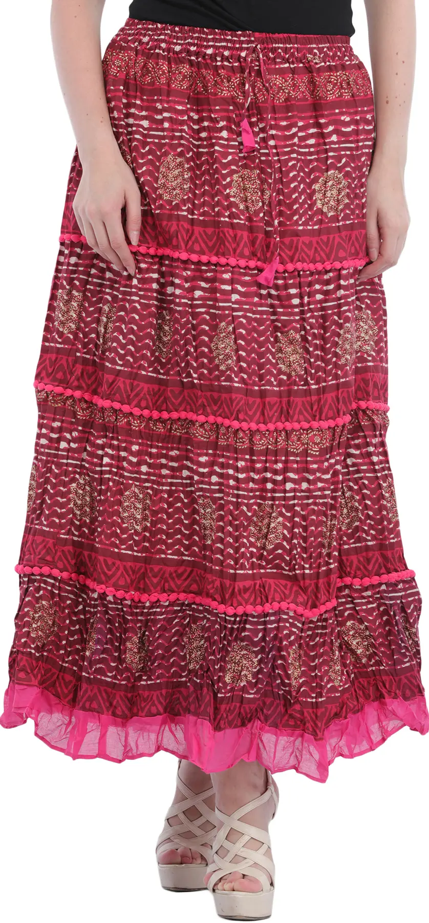 Elastic Long Skirt with Printed Stripes