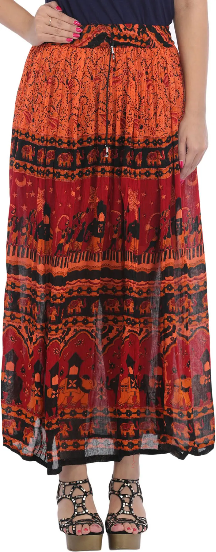 Red and Orange Elastic Long Skirt with Printed Elephants