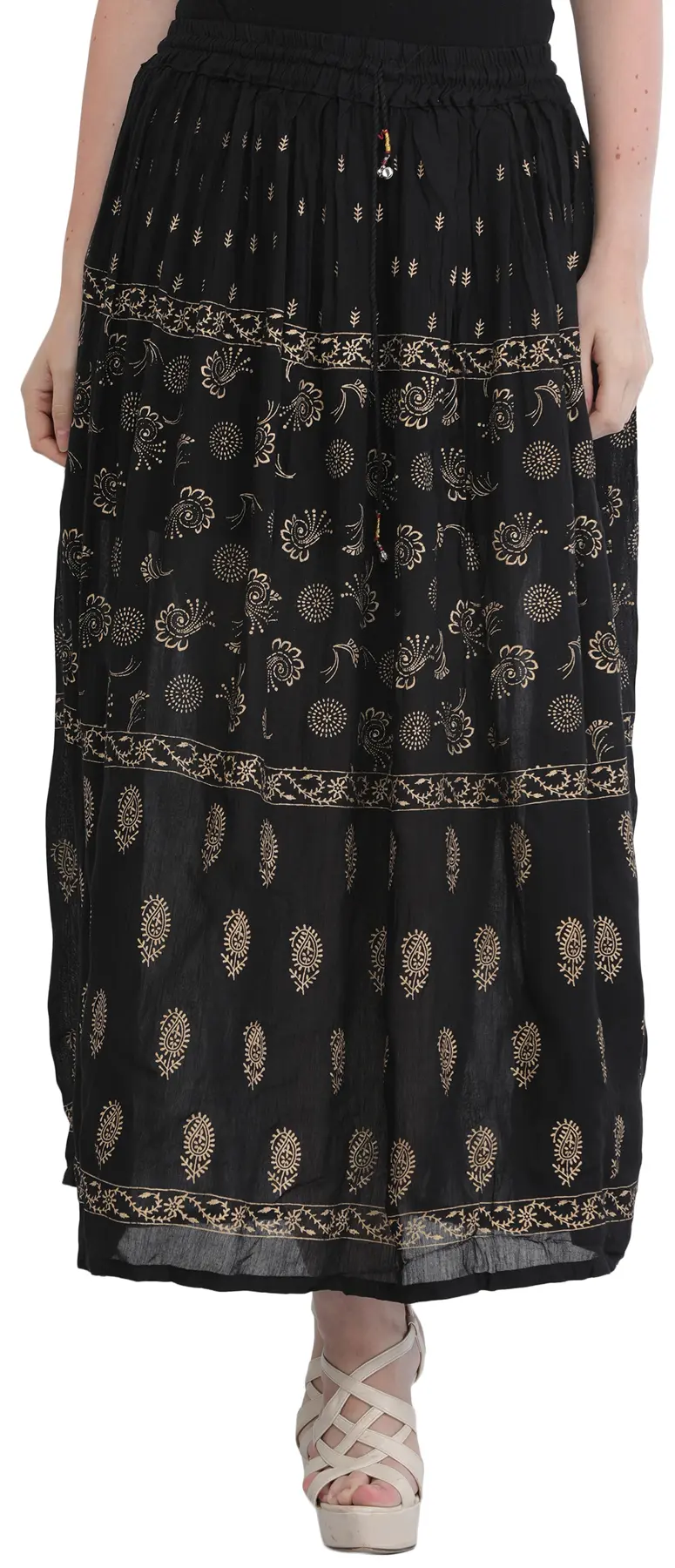 Jet-Black Elastic Long Skirt with Golden Print