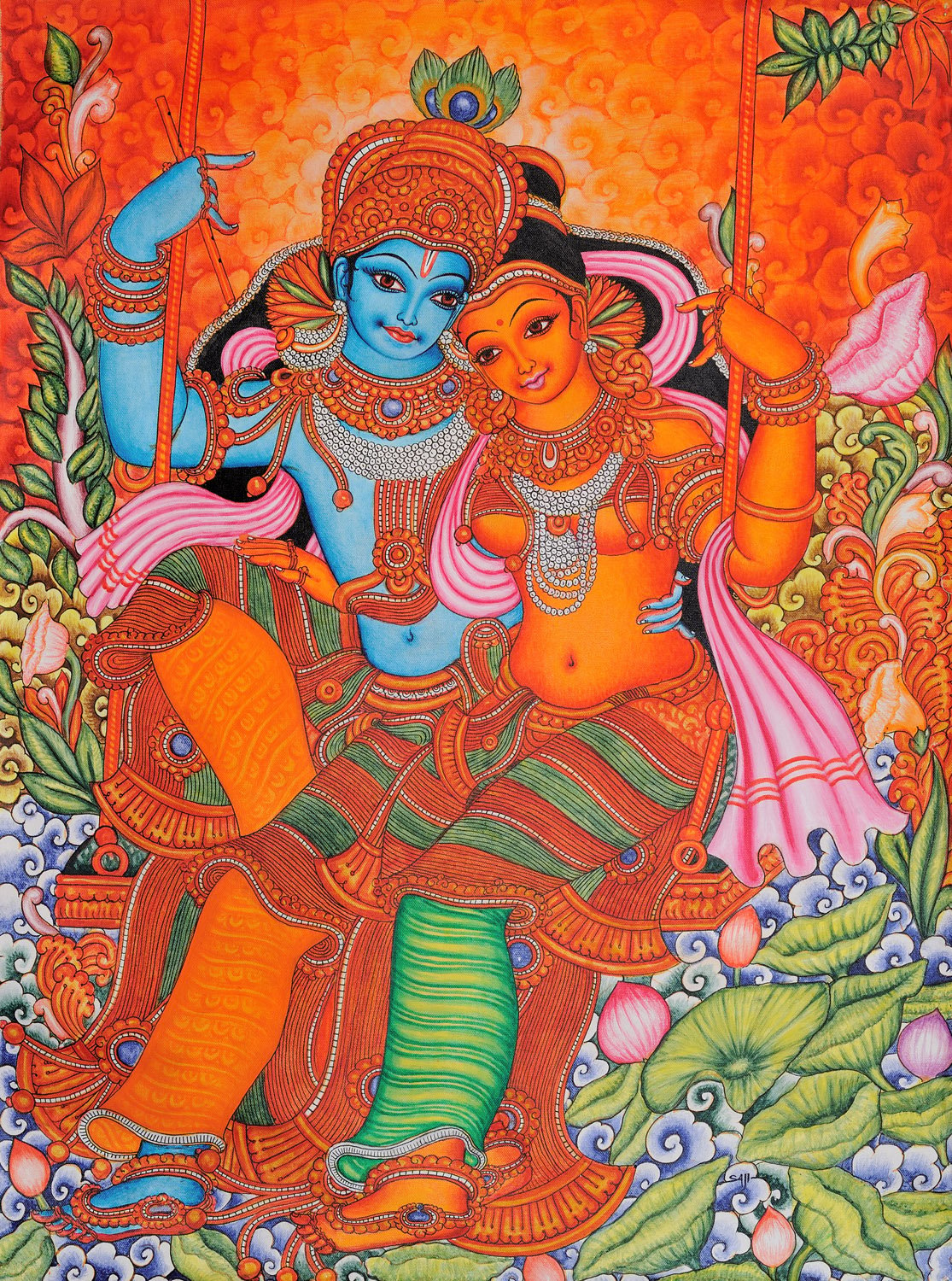 Radha and Krishna on Swing: Kerala Folk Style | Exotic India Art