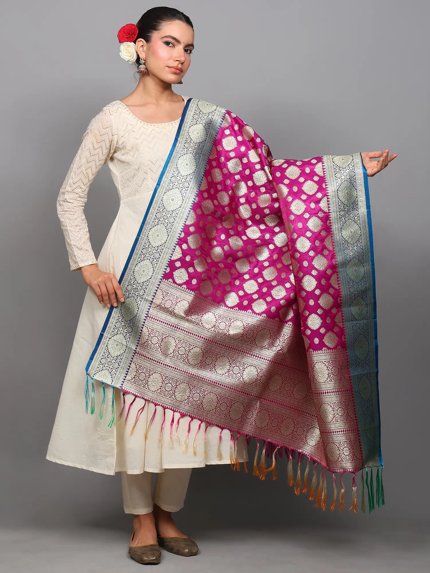 Art Silk Banarasi Dupatta with Zari Woven Floral Motifs