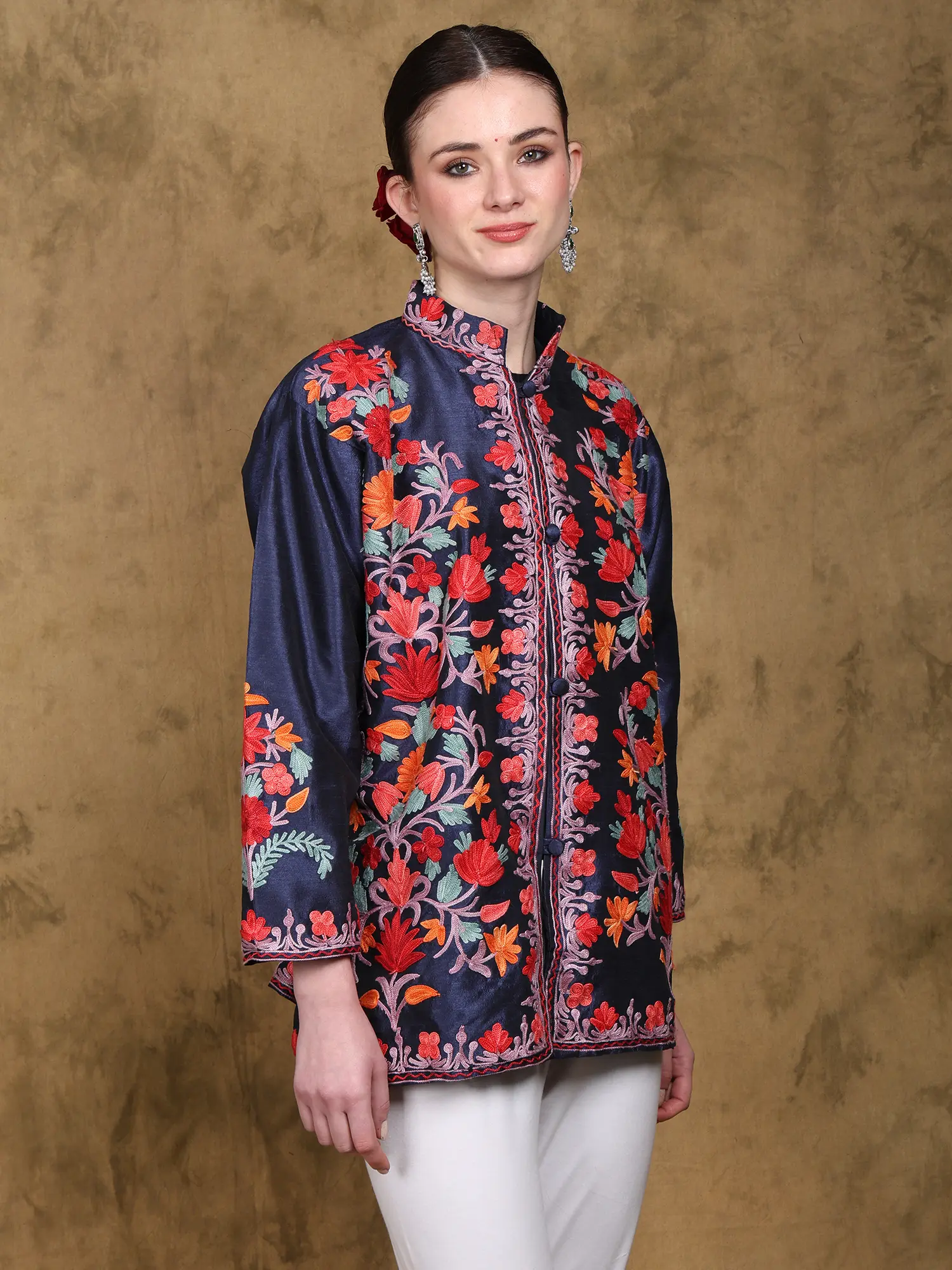 Patriot-Blue Kashmiri Short Jacket with Floral Aari Embroidery in Multicolor, alternate view