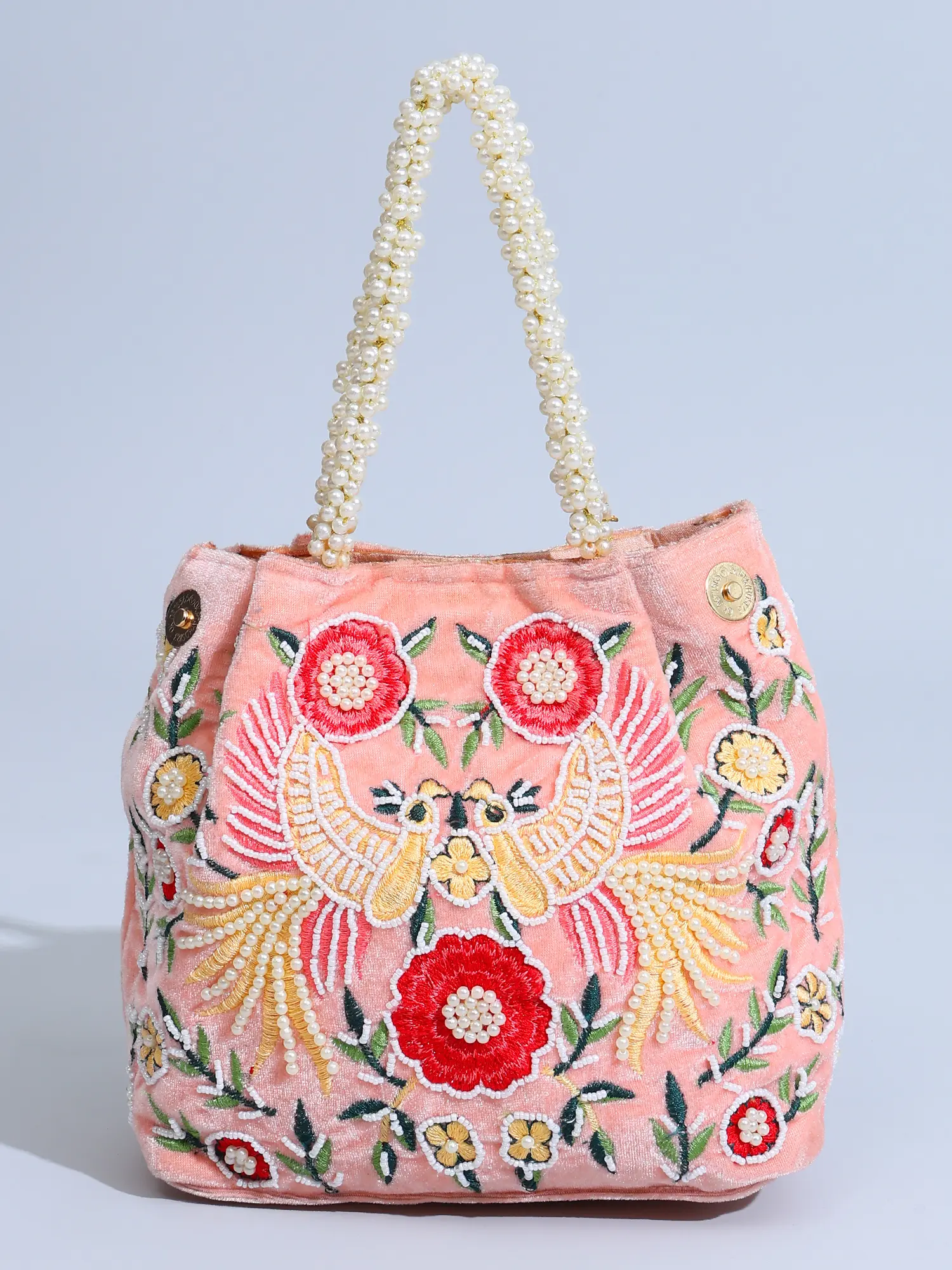 Seashell-Pink Velvet Bird Embroidered Hand Bag with Beads Work