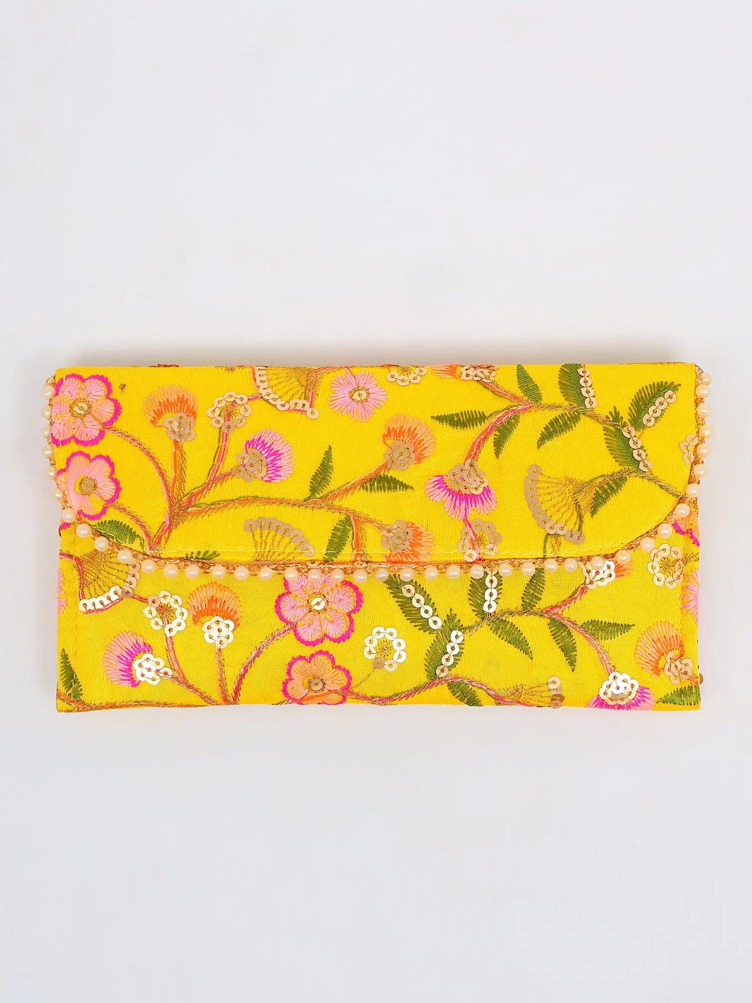 Yellow-Balloon Floral Thread Embroidered Clutch Hand Bag with Sequins work