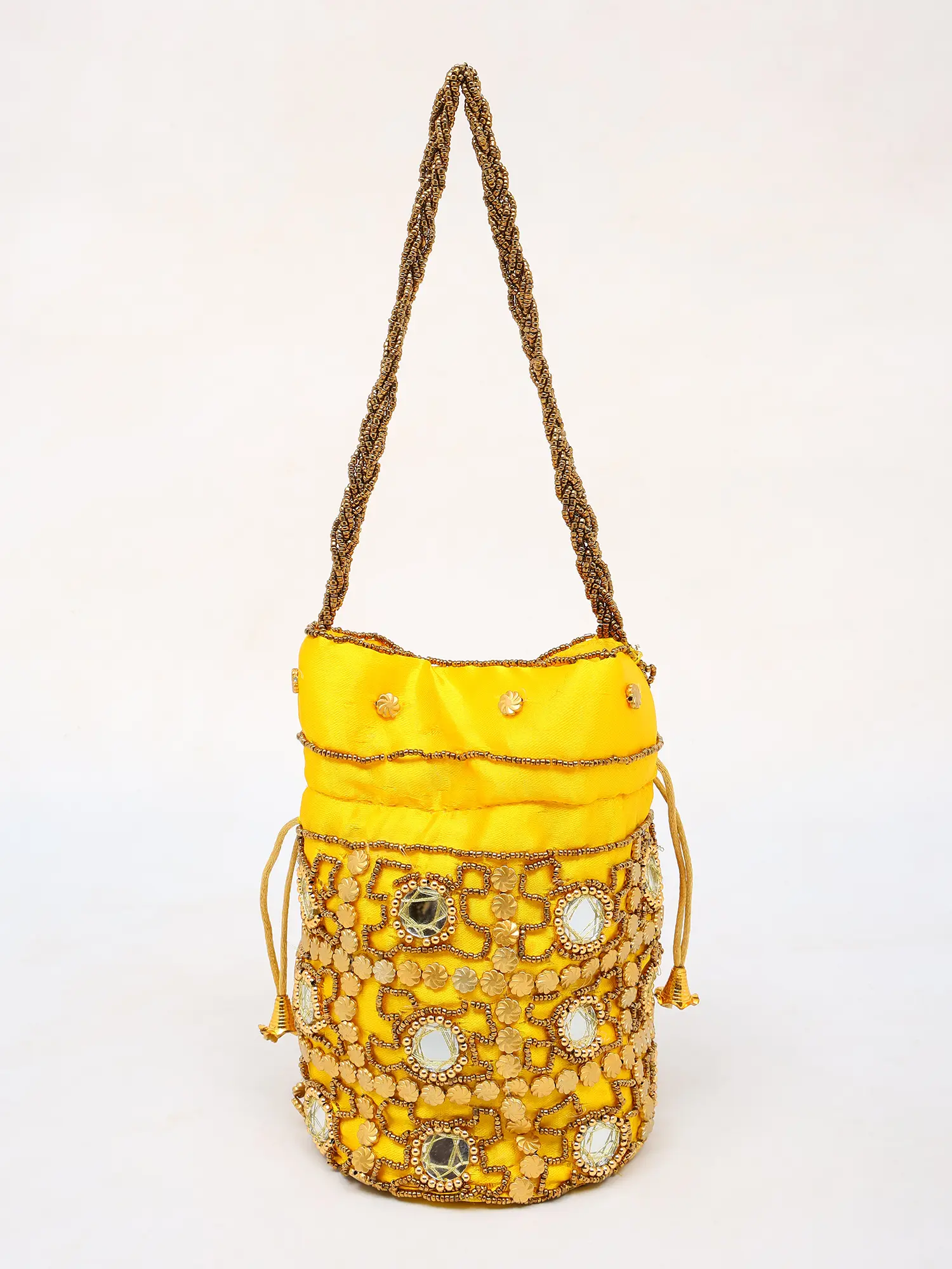 Vibrant-Yellow Drawstring Potli Bag with Beads and Mirror Embroidery