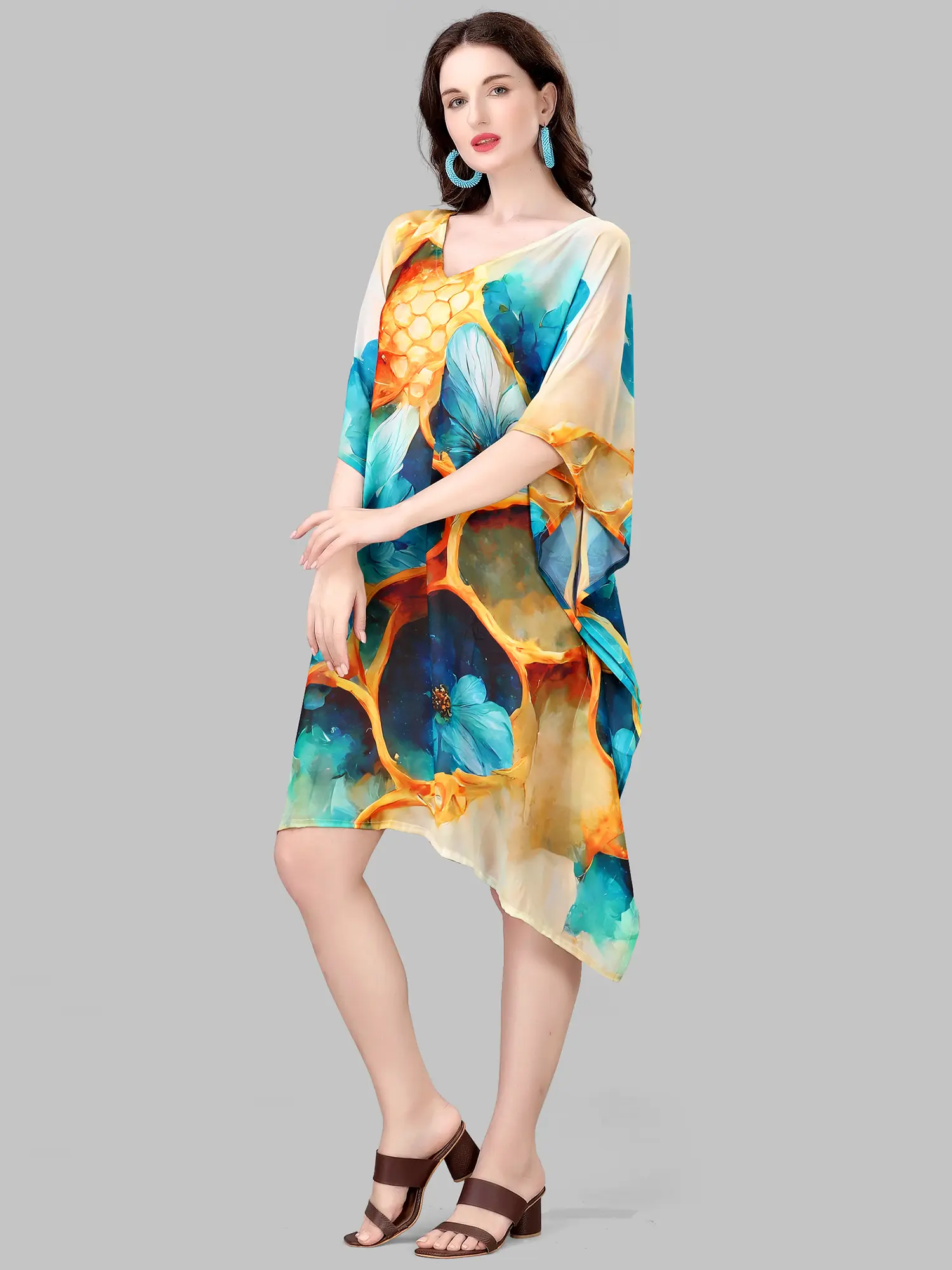 Blue and Yellow Printed Floral Georgette Short Kaftan, alternate view