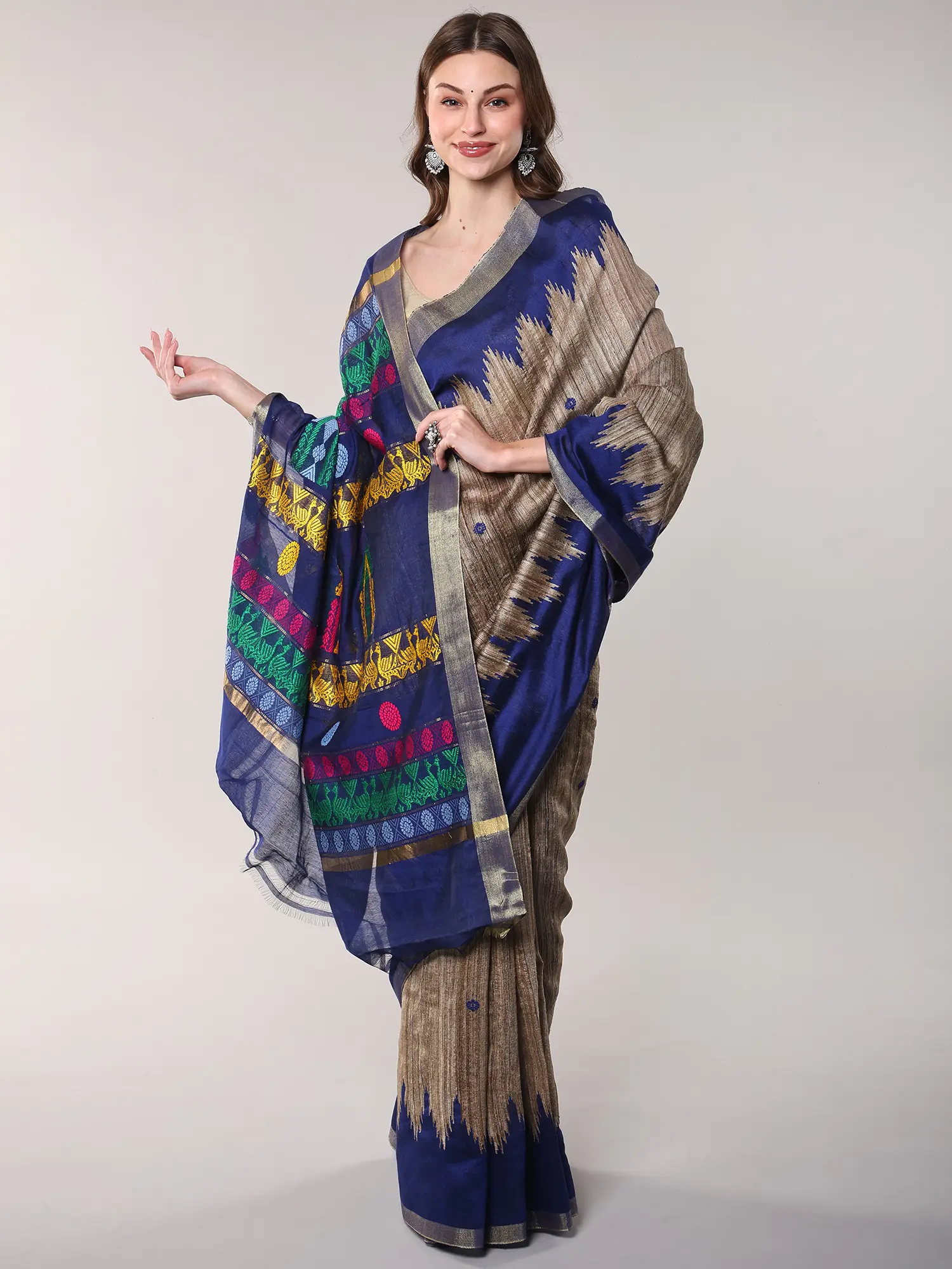 Trench-Coat Handloom Saree with Contrast Temple Border and woven Ethnic Motifs from Chhattisgarh