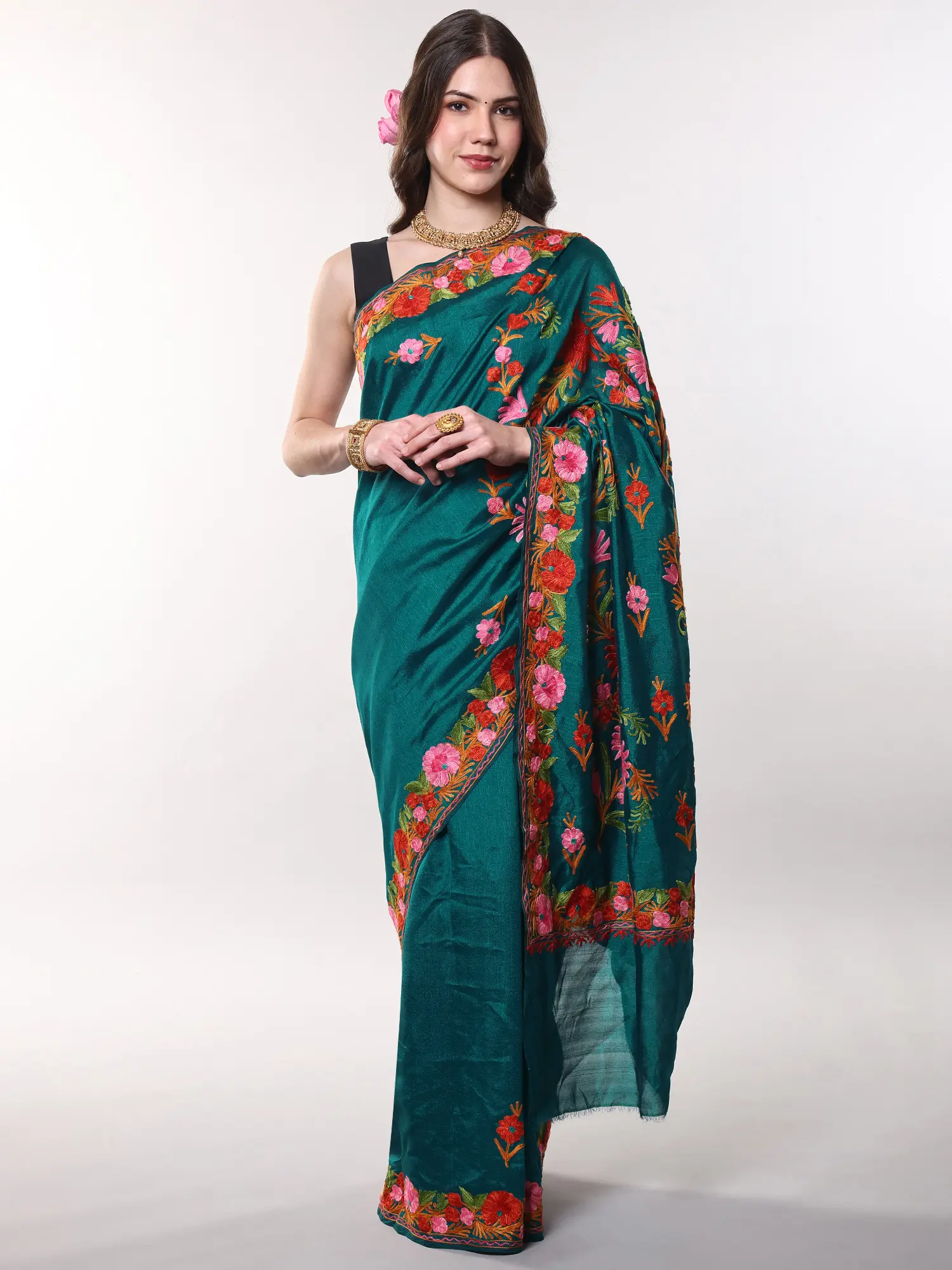 Quetzal-Green Saree from Kashmir with Aari Embroidered Floral Border and Anchal