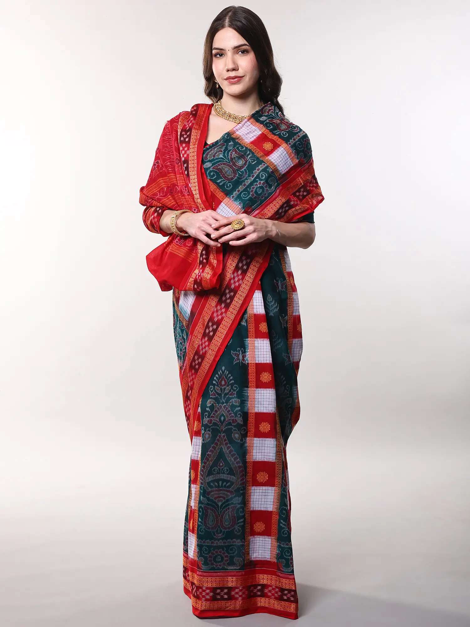 Galapagos-Green Pure Cotton Sambhalpuri Ikat Saree with Woven Checks and Rudraksha Border