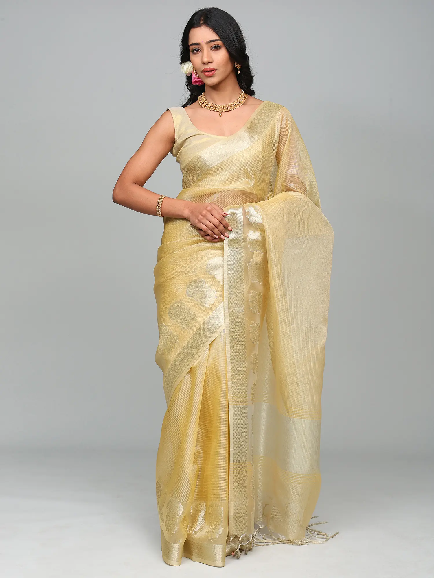Golden Thread Woven Saree from Banaras with Floral Border