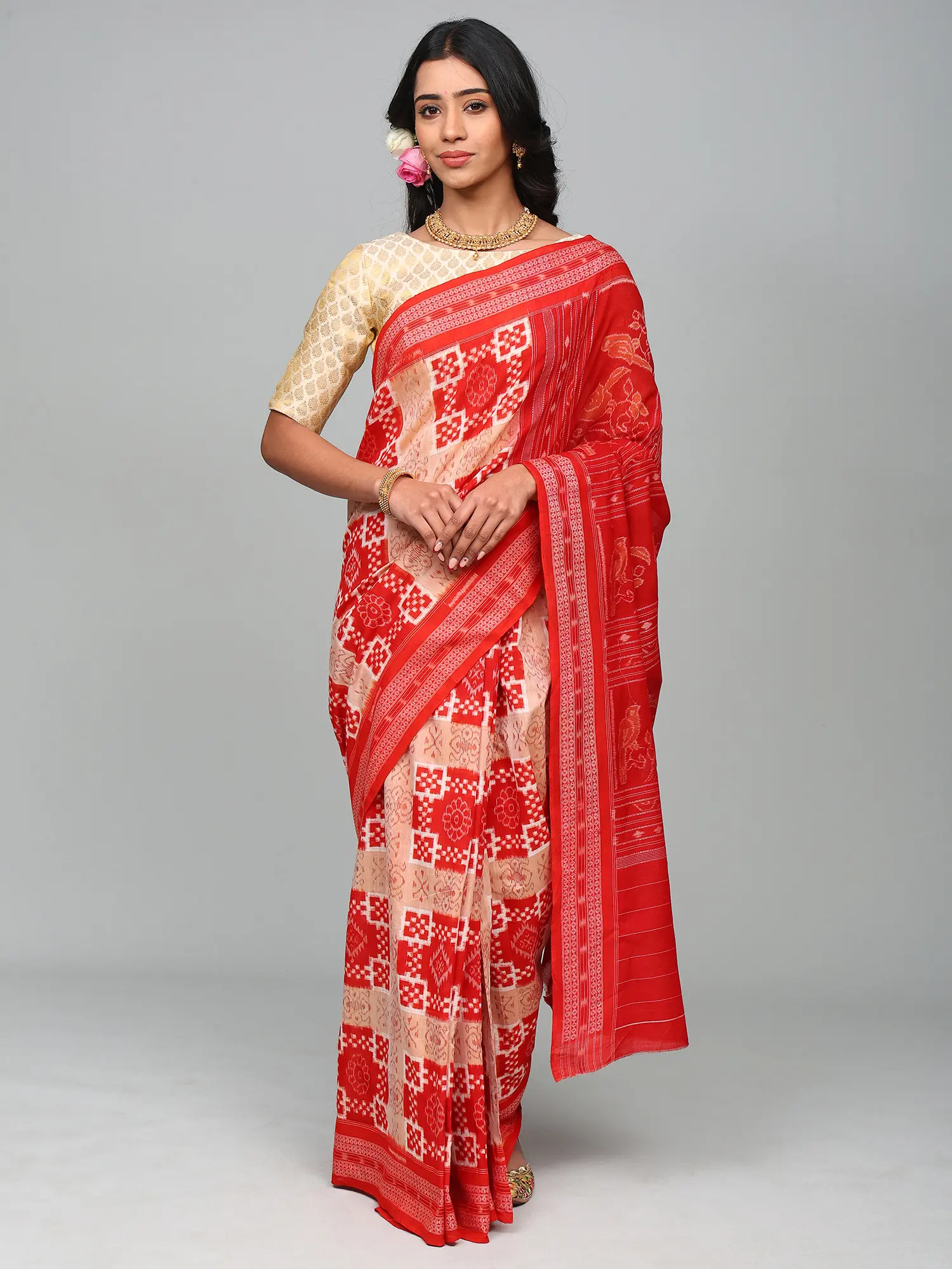 Mars-Red Pure Cotton Ikat Saree from Sambalpur with Rudraksha Woven Border and Birds Pallu