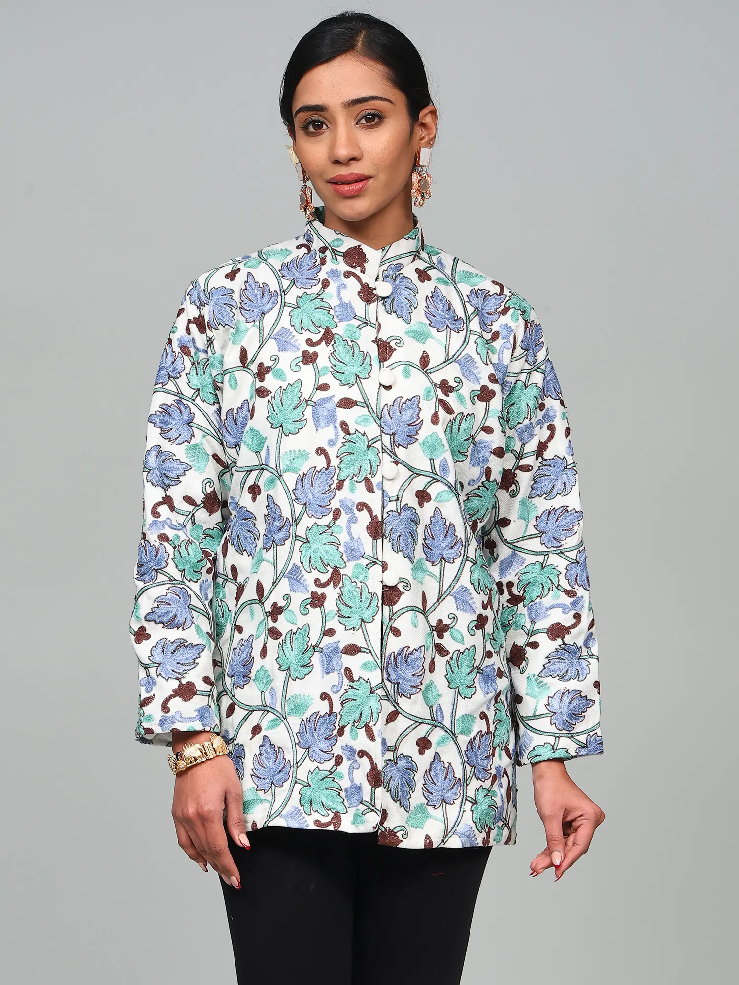 Star-White Aari Embroidered Maple Leaf Wool Short Jacket from Kashmir