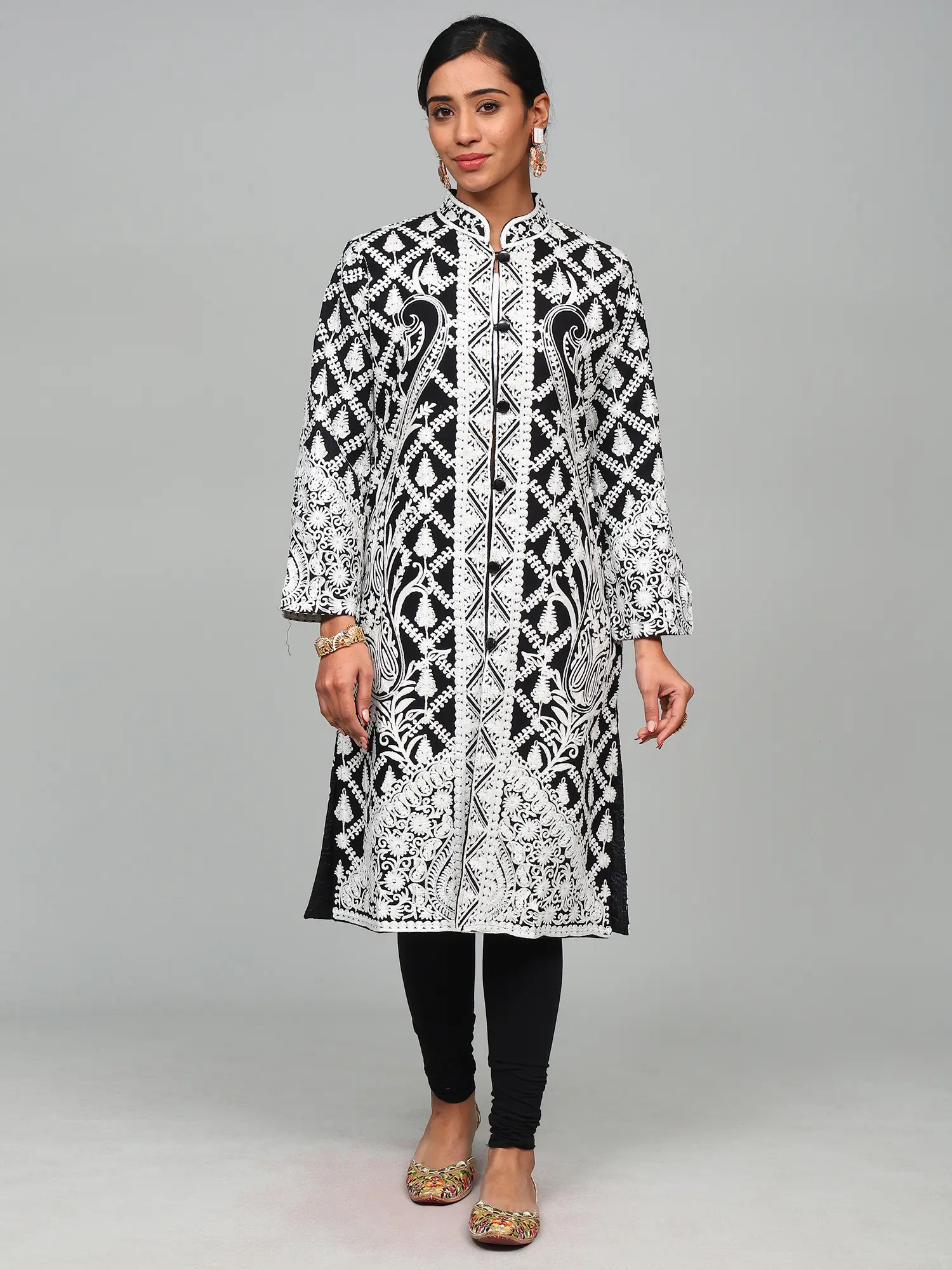 Black-Onyx Kashmiri Long Jacket with All Over Aari Embroidered Flowers and Paisleys