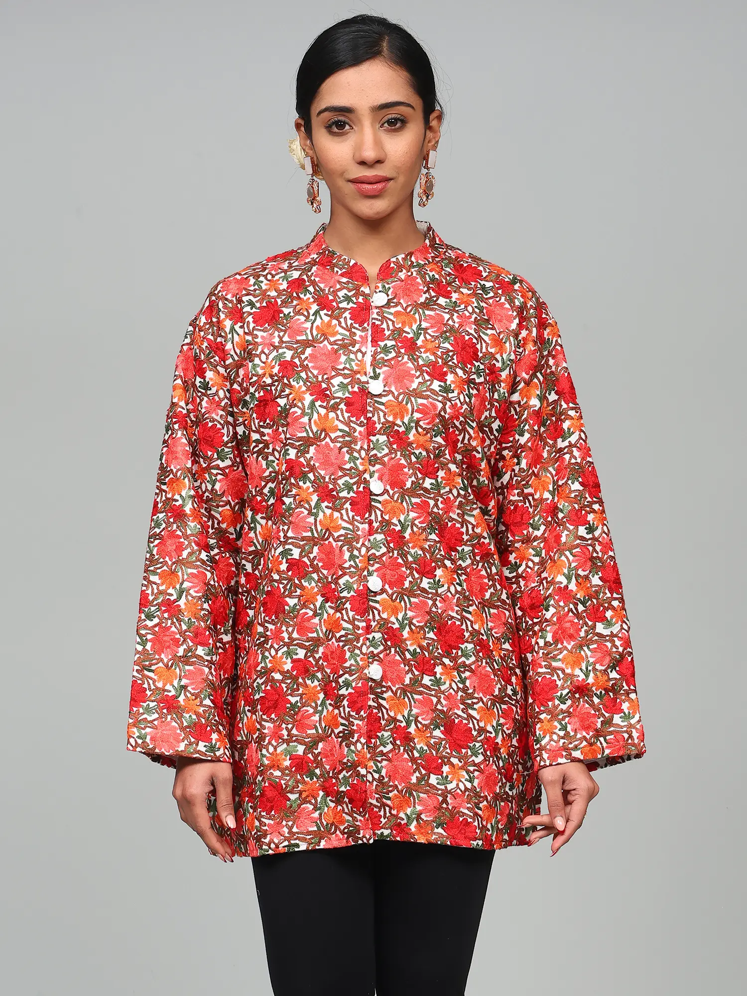 Lucent-White Wool Kashmiri Short Jacket with Multicolor Floral Vine Aari Embroidery