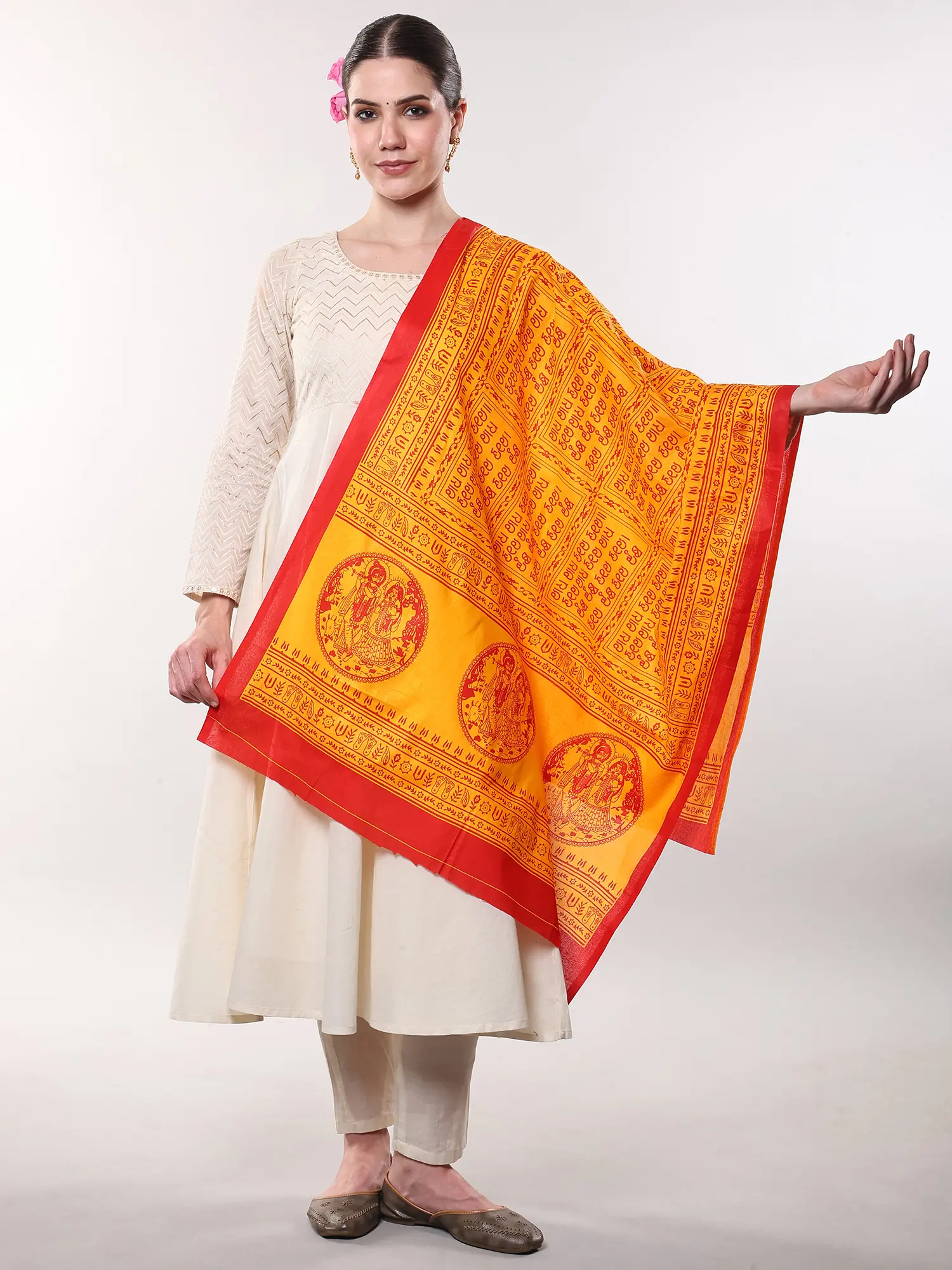 Gold-Fusion Printed Radha Krishna Prayer Shawl from Odisha with Hare Krishna Hare Rama Maha Mantra