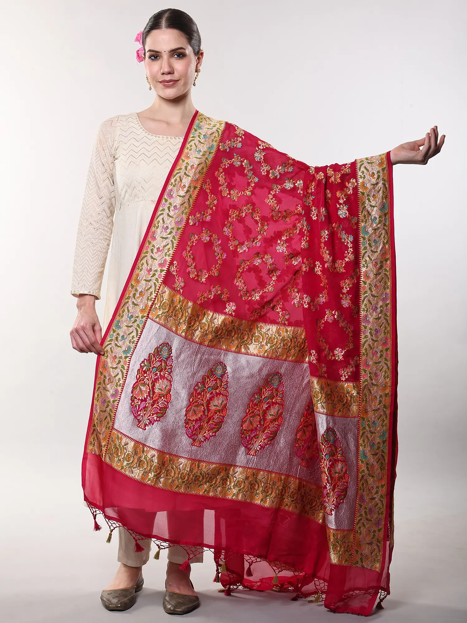 Pink-Yarrow Brocaded Meenakari Pure Chiffon Banarasi Dupatta with Zari Woven Flowers