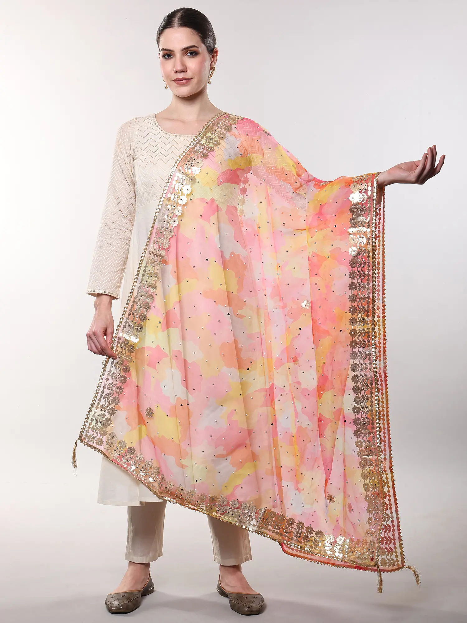 Rainbow Dupatta with Mirror-Beads work with Gota Patti Floral Border and Tassel from Punjab
