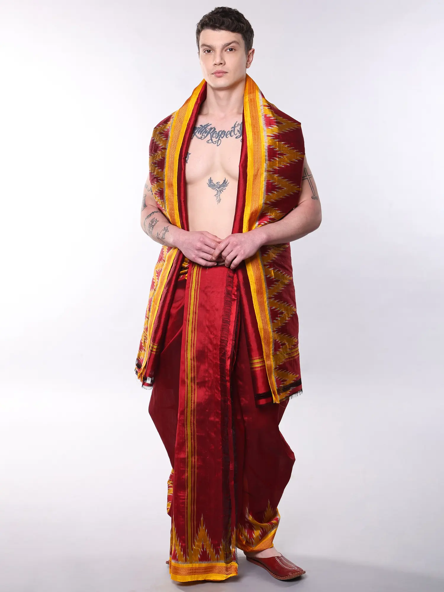 Savvy-Red Pure Silk Handloom Drape Dhoti and Angavastram Set with Thread woven Rudraksha & Ikat Temple Border