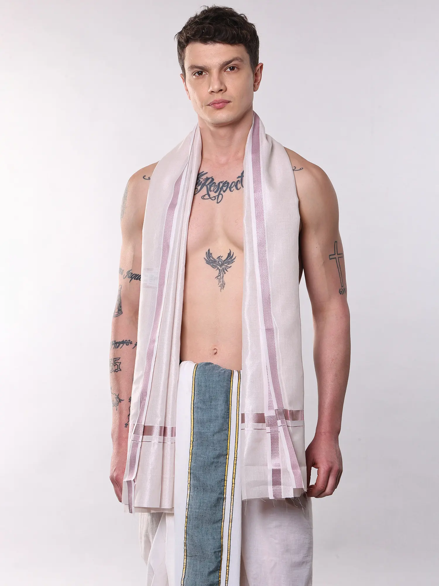 Tissue Silk Angavastram with Woven Diamond Pattern Border