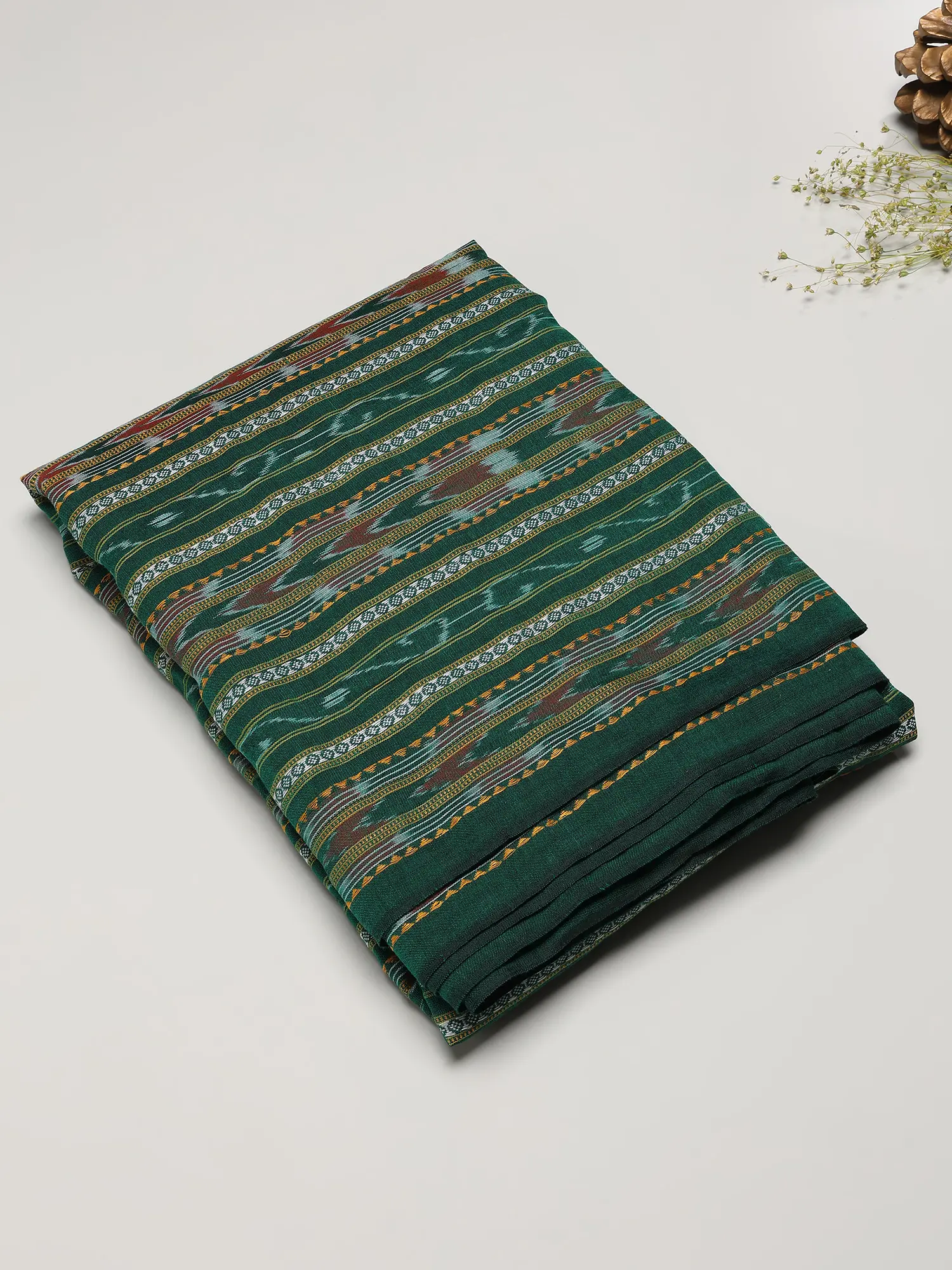 Bistro-Green Pure Cotton Sambalpuri Fabric with Ikat Weave