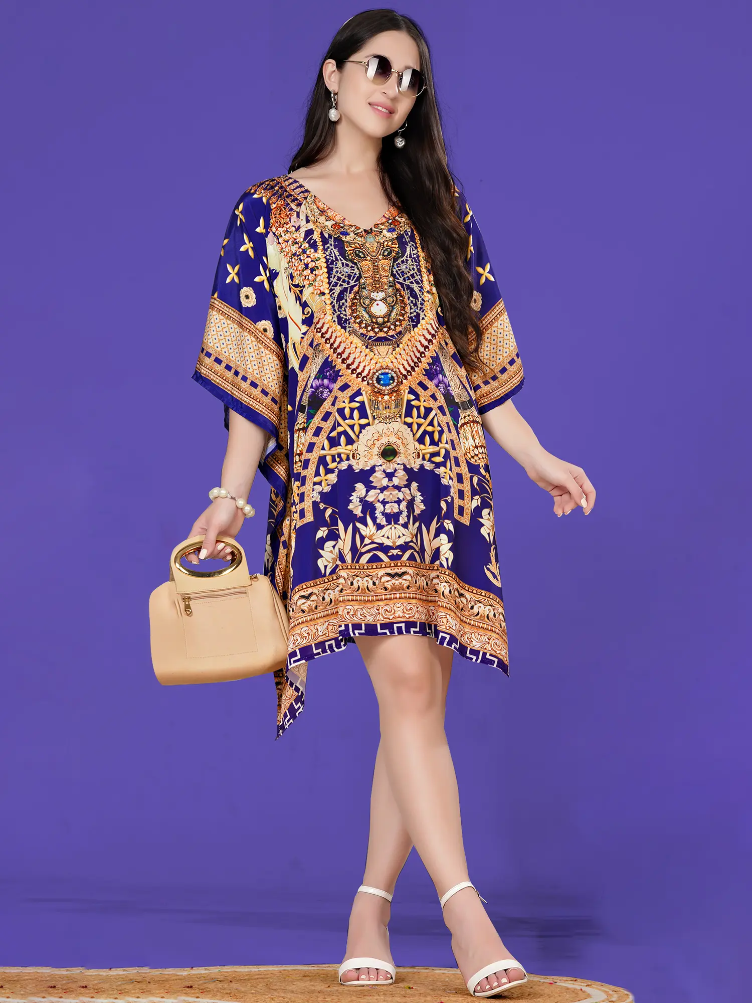 Patriot-Blue Printed V-Neck Short Kaftan with Stone work