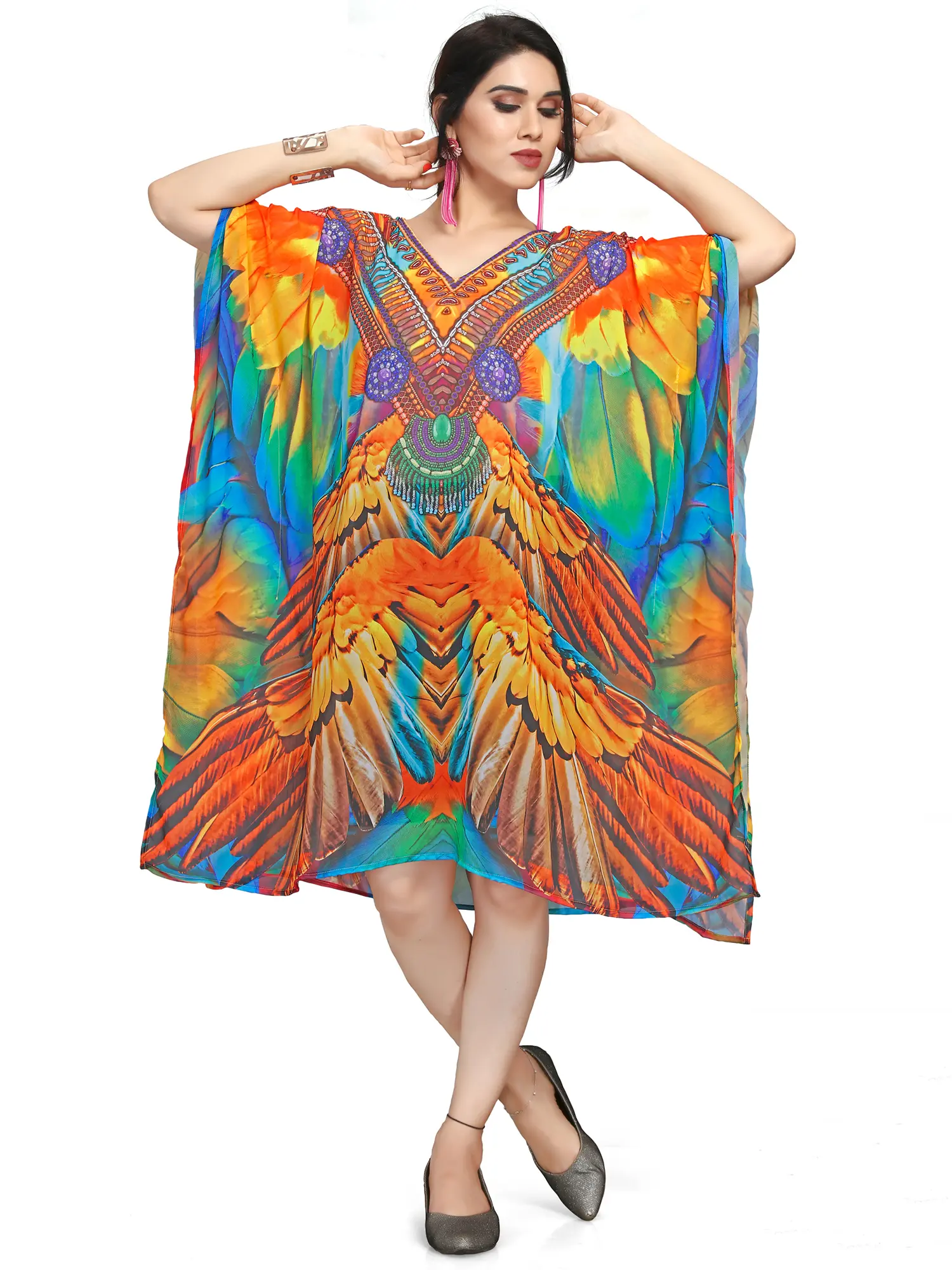 Multicolor Feather Printed Georgette Short Kaftan