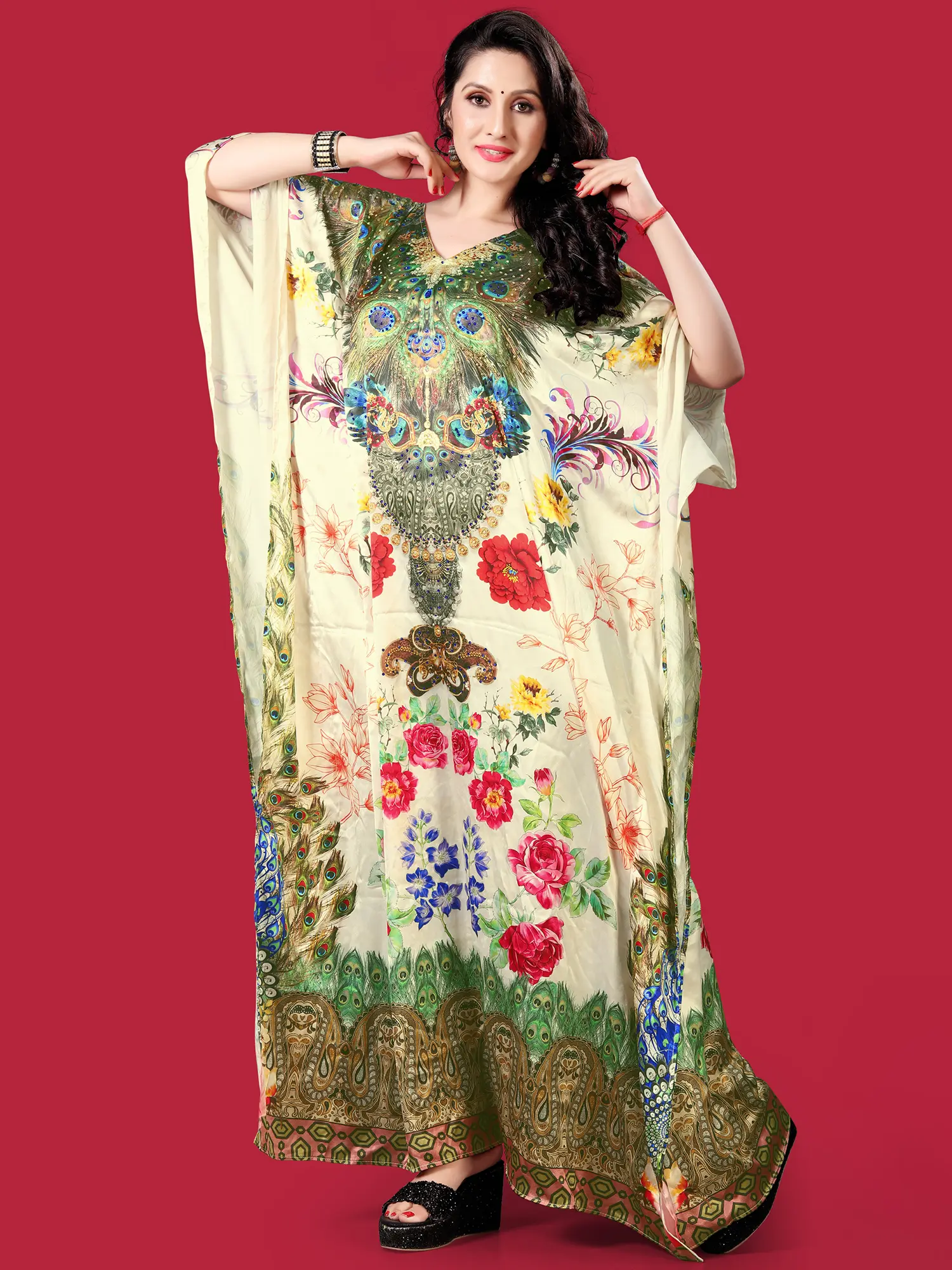Cannoli-Cream Stone work Satin Long Kaftan with Printed Flowers and Peacock Feather