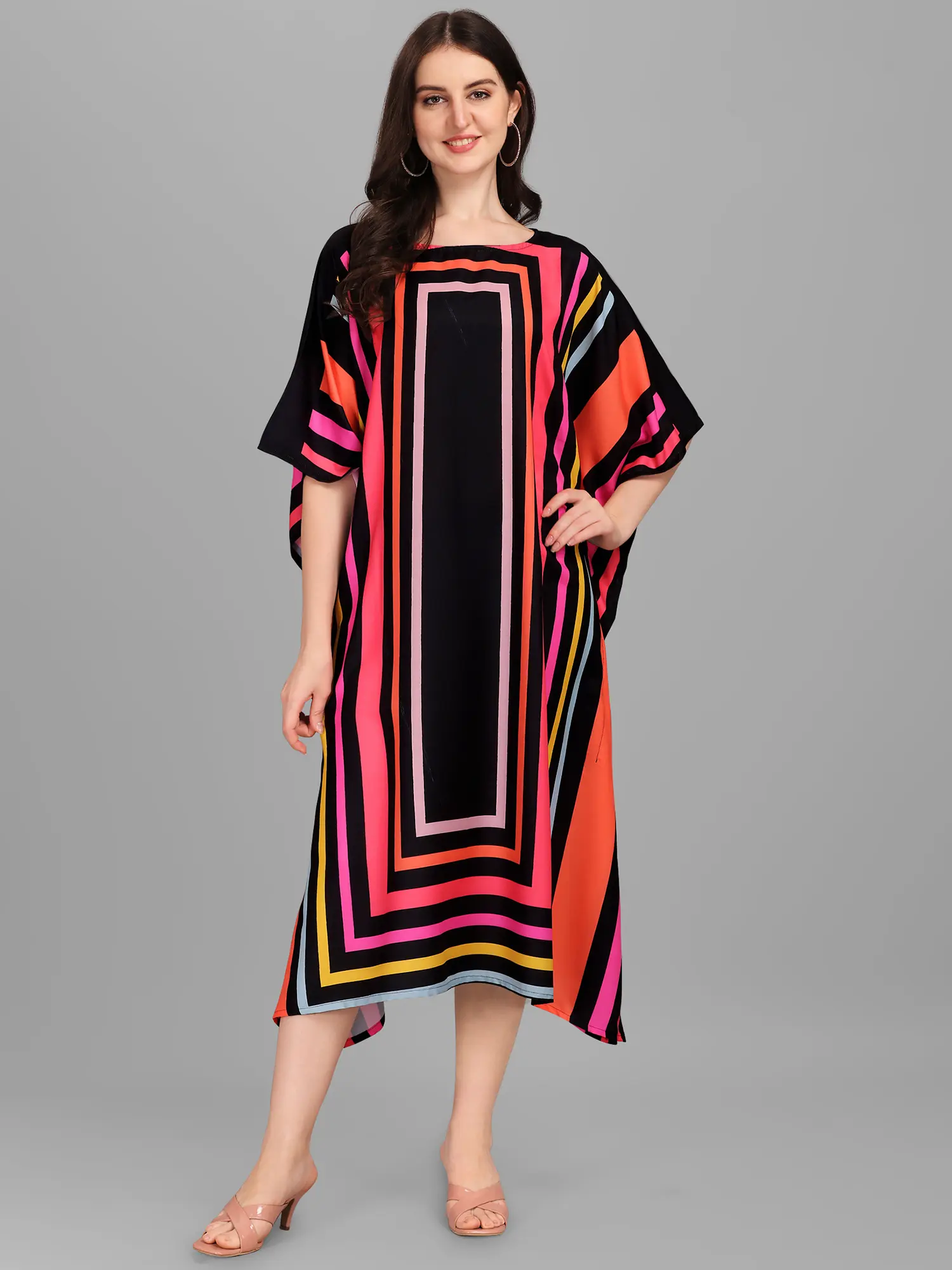 Black-Onyx Rayon Midi Kaftan with Printed Rectangle Shapes