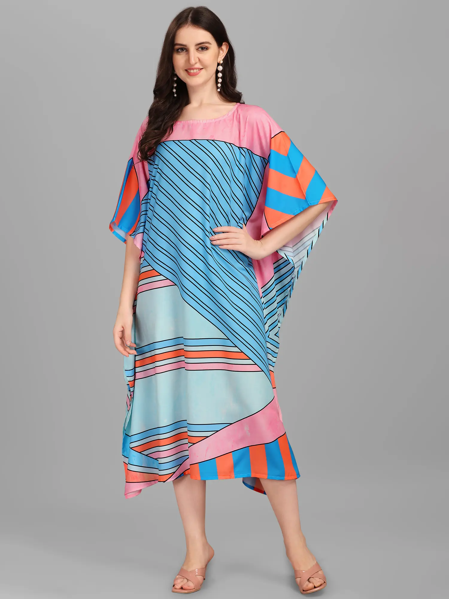 Multicolor Midi Kaftan with Printed Stripes