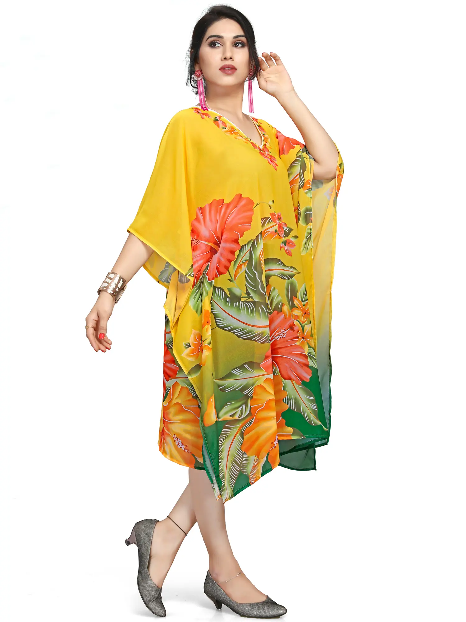 Yellow and Green Georgette Short Kaftan with Printed Hibiscus Flowers, alternate view
