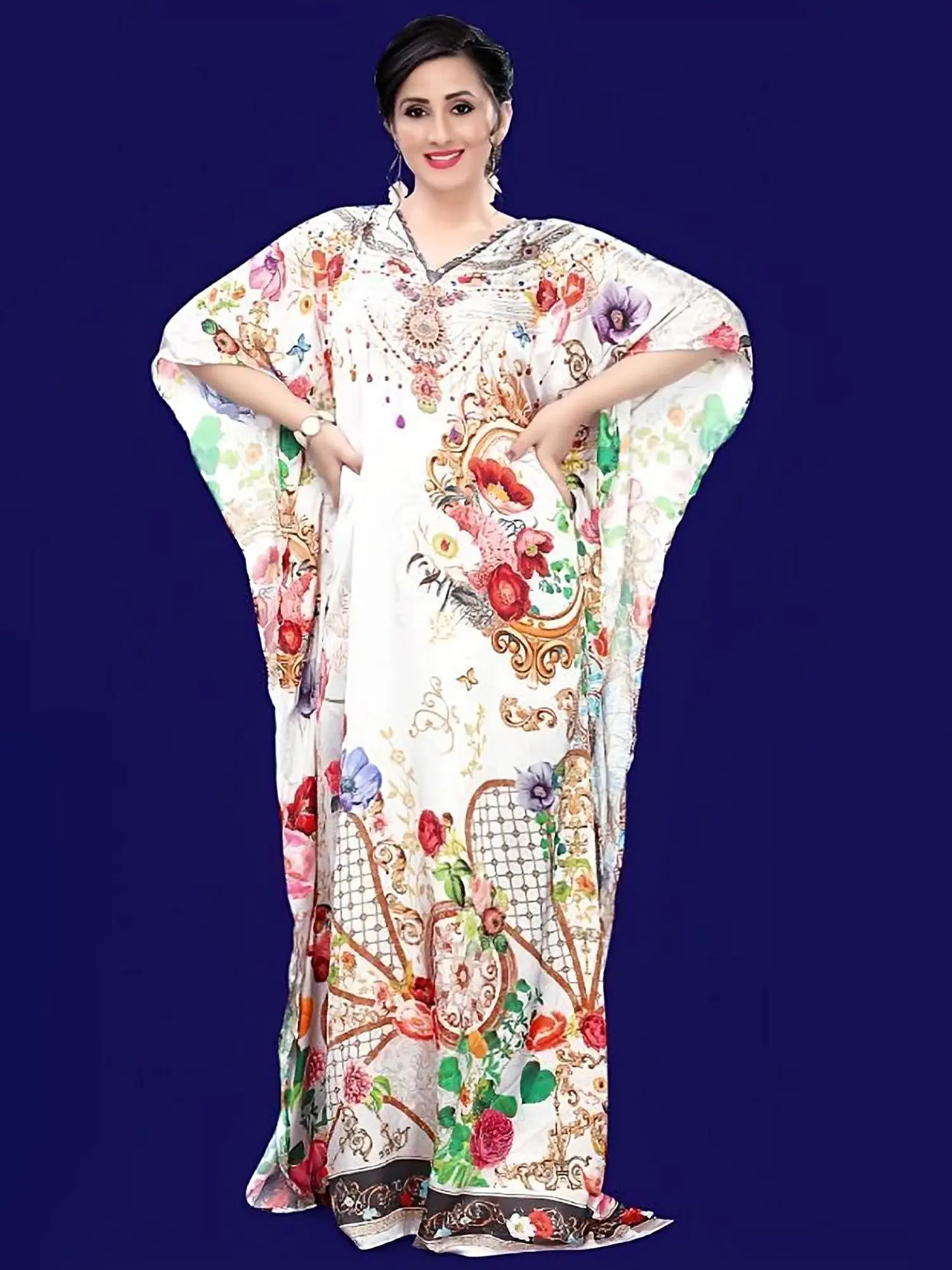 Arctic-Woll V-Neck Printed Long Kaftan with Studded Stones