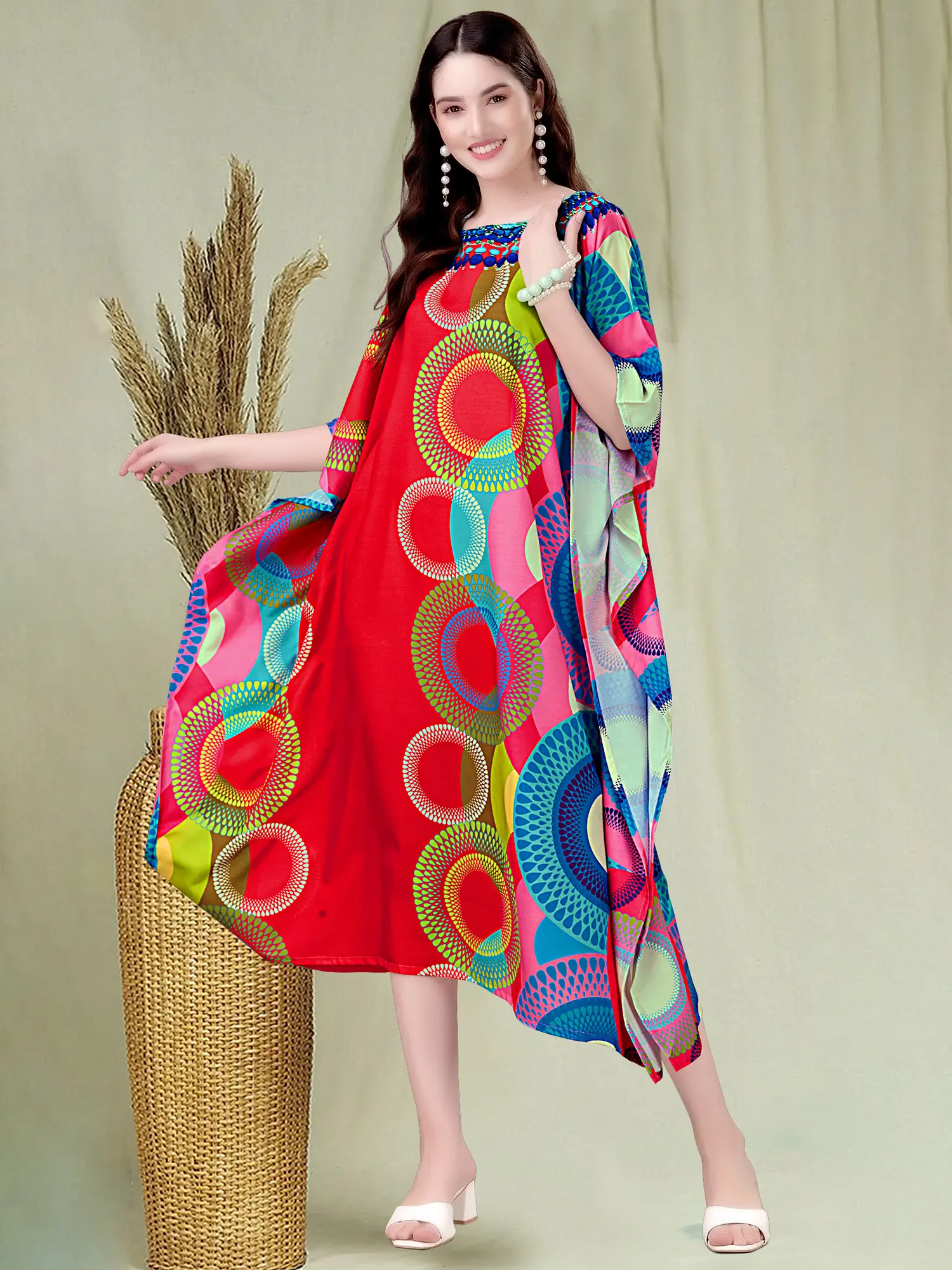True-Red Rayon Midi Kaftan with Printed Circular Pattern