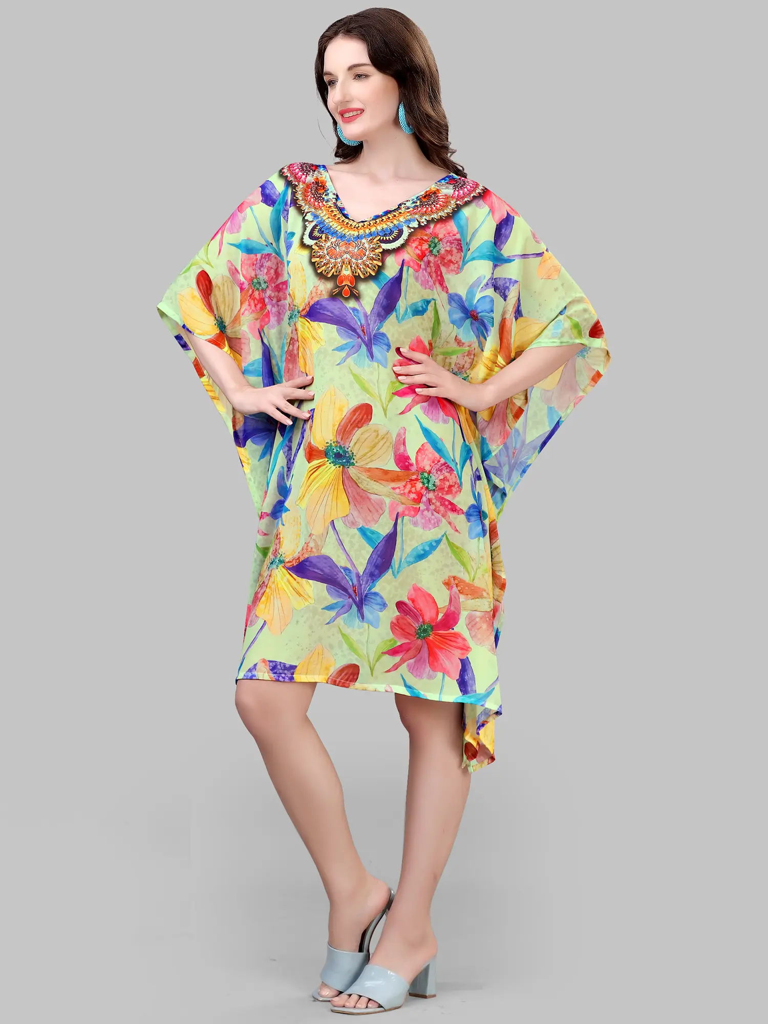 Fog-Green Georgette Floral Printed Short Kaftan