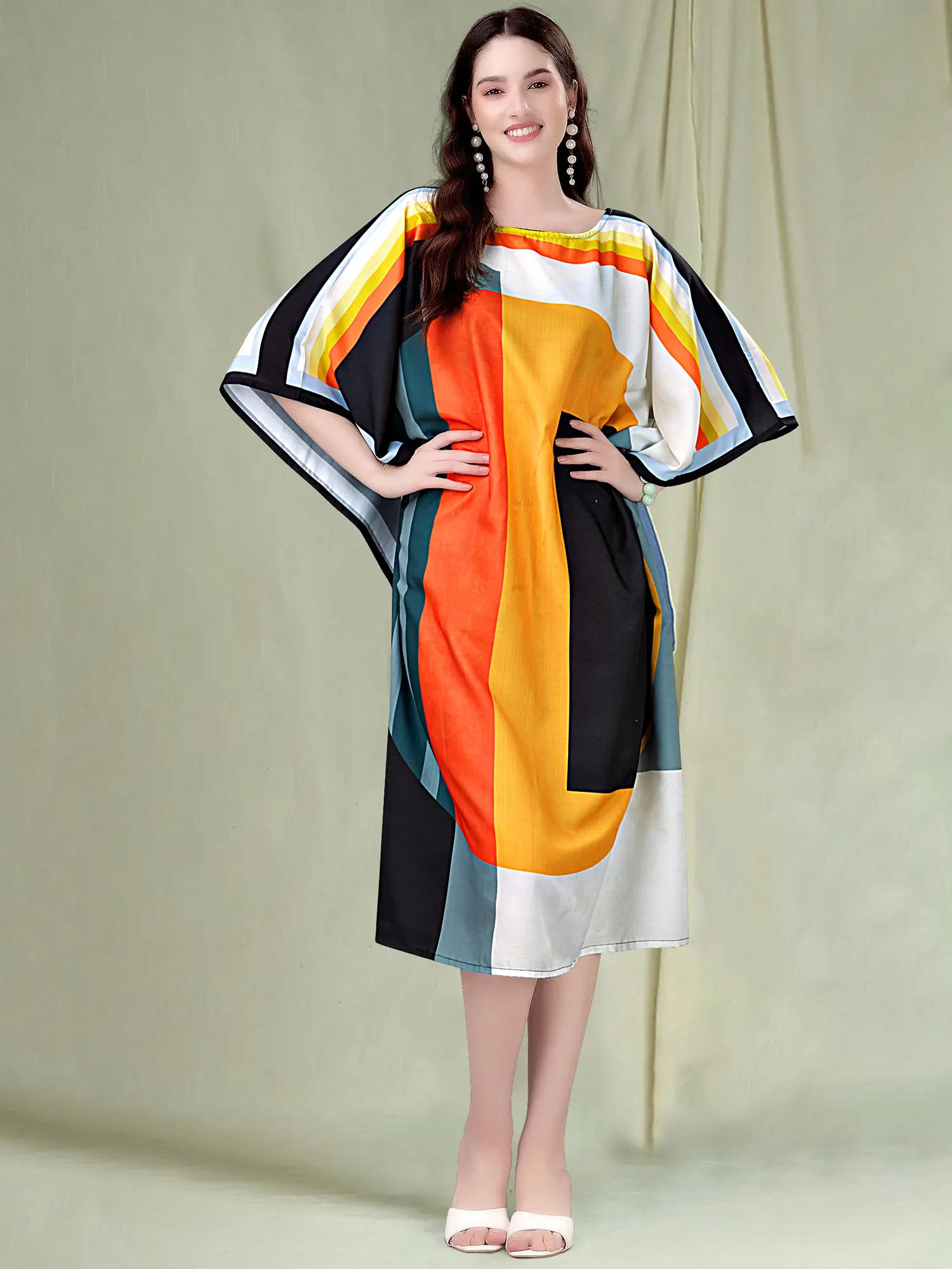 Vibrant Spectrum Boat Neck Satin Midi Kaftan