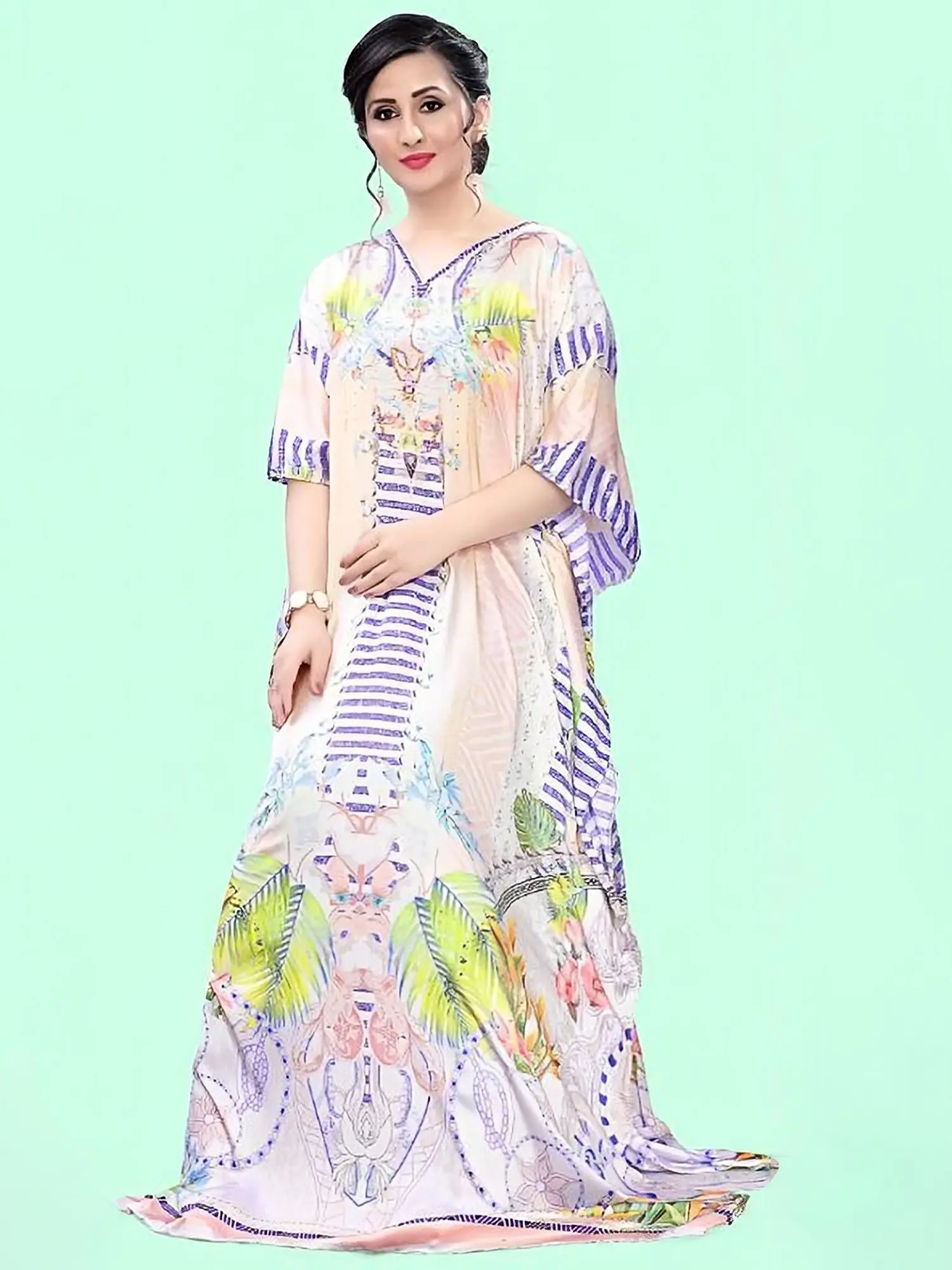 Solitary-Star Floral Printed Satin Long Kaftan with Studded Stones