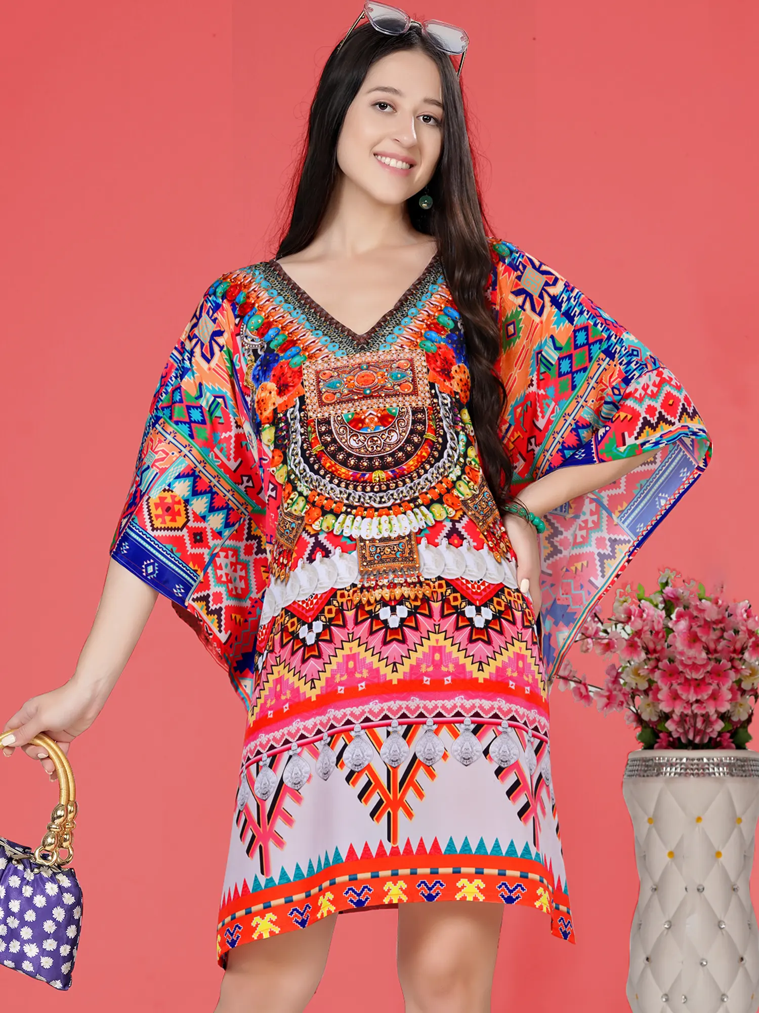 Multicolor Art Silk Stone work Short Kaftan with Internal Drawstring and Printed Motifs