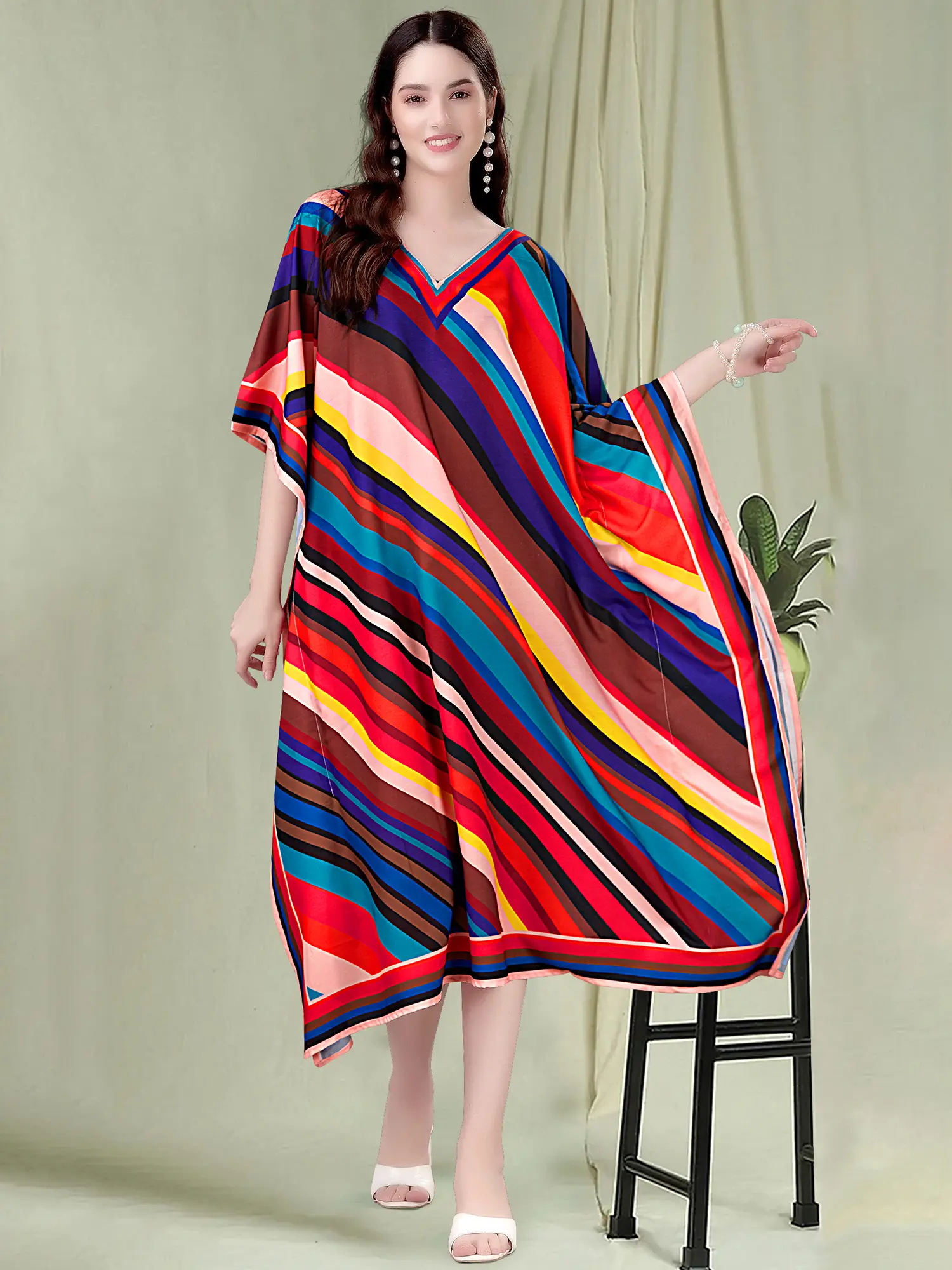 Rainbow Stripe Printed V-Neck Midi Kaftan