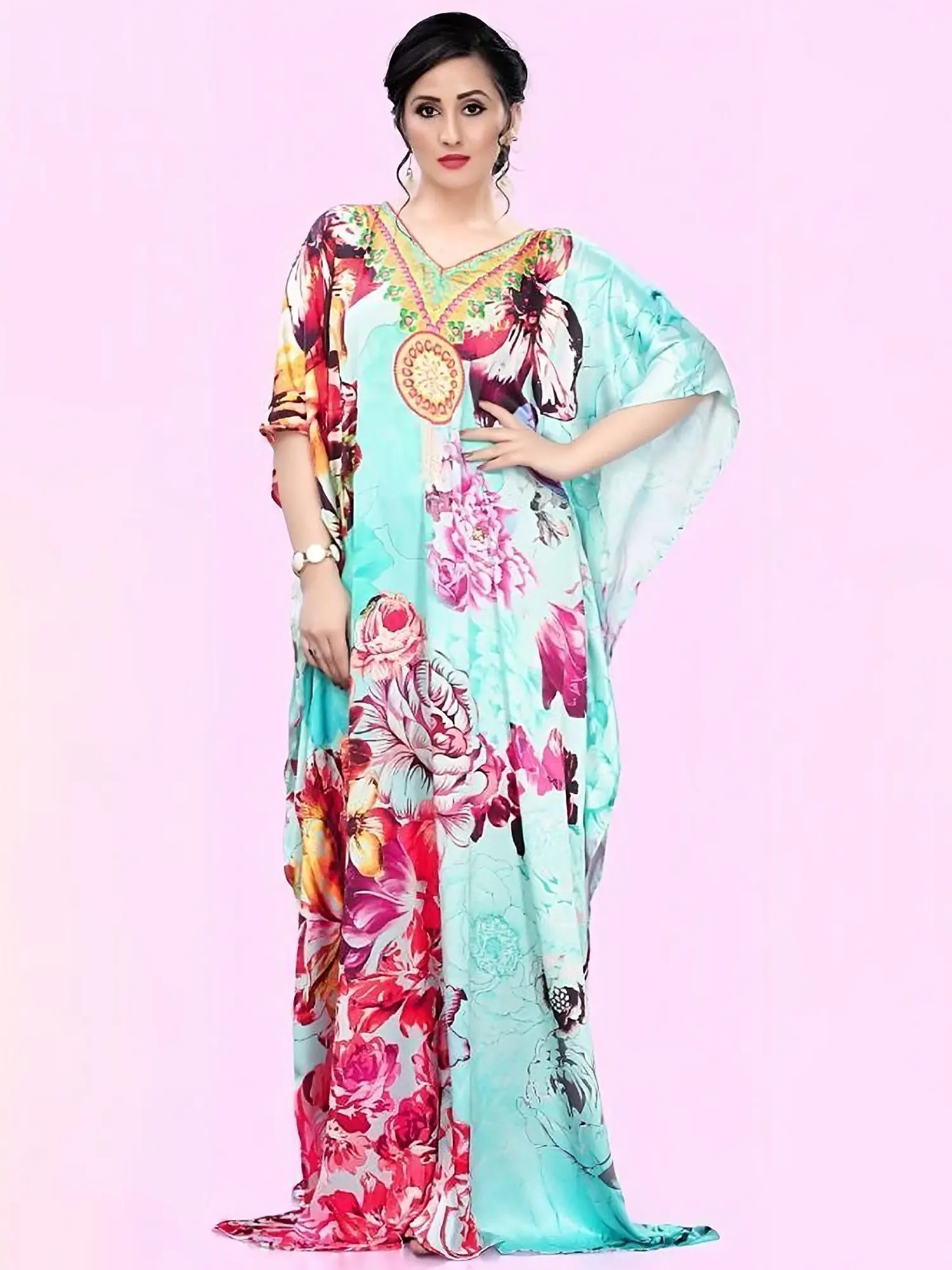 Blue-Glass Printed Bloom Flowers Long Kaftan with Stone work on Neck